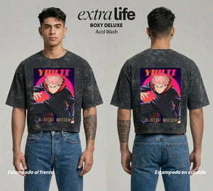 Playera streetwear premium de anime y gaming ExtraLife MX, corte boxy deluxe mineral wash heavyweight en color Acid Wash, moda urbana mexicana de culto.