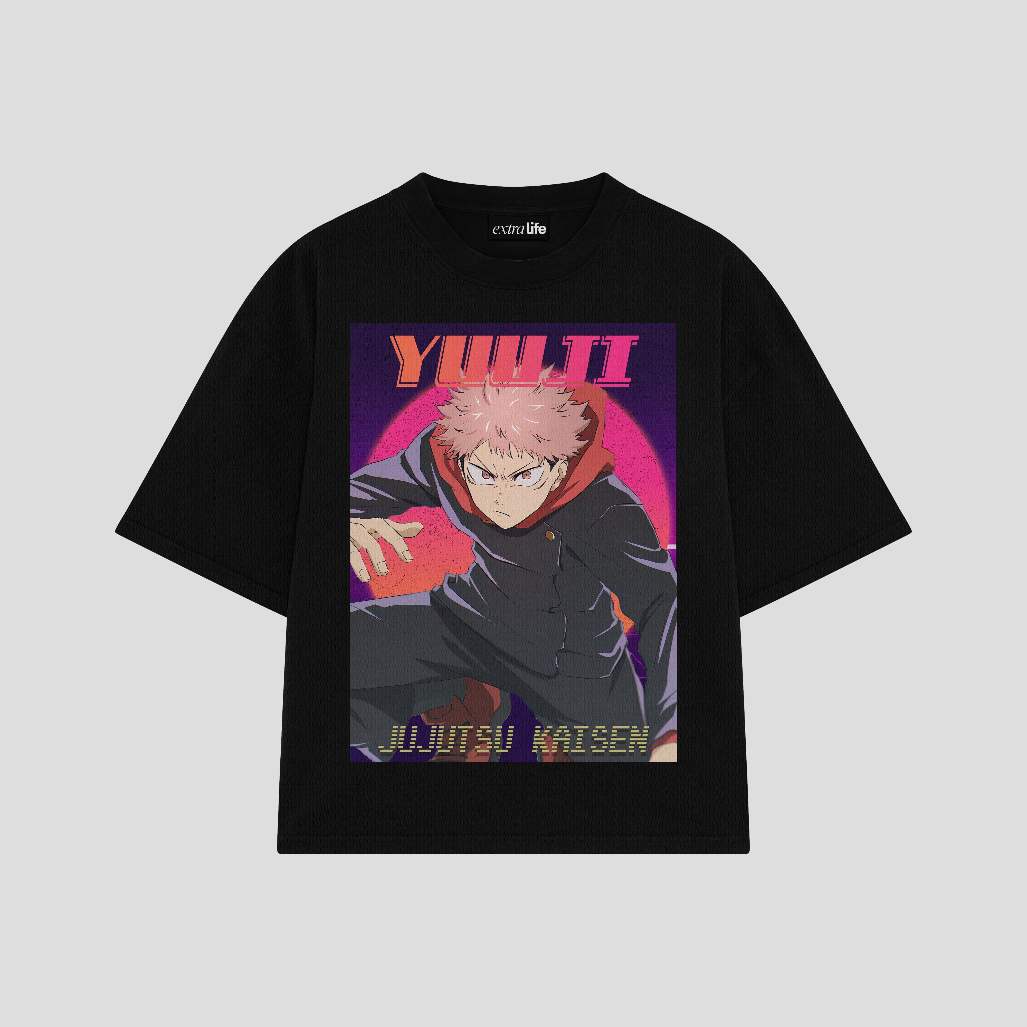 Playera streetwear premium de anime y gaming ExtraLife MX, corte boxy oversized drop shoulder heavyweight en color Deep Black y Off-White, moda urbana mexicana de culto.