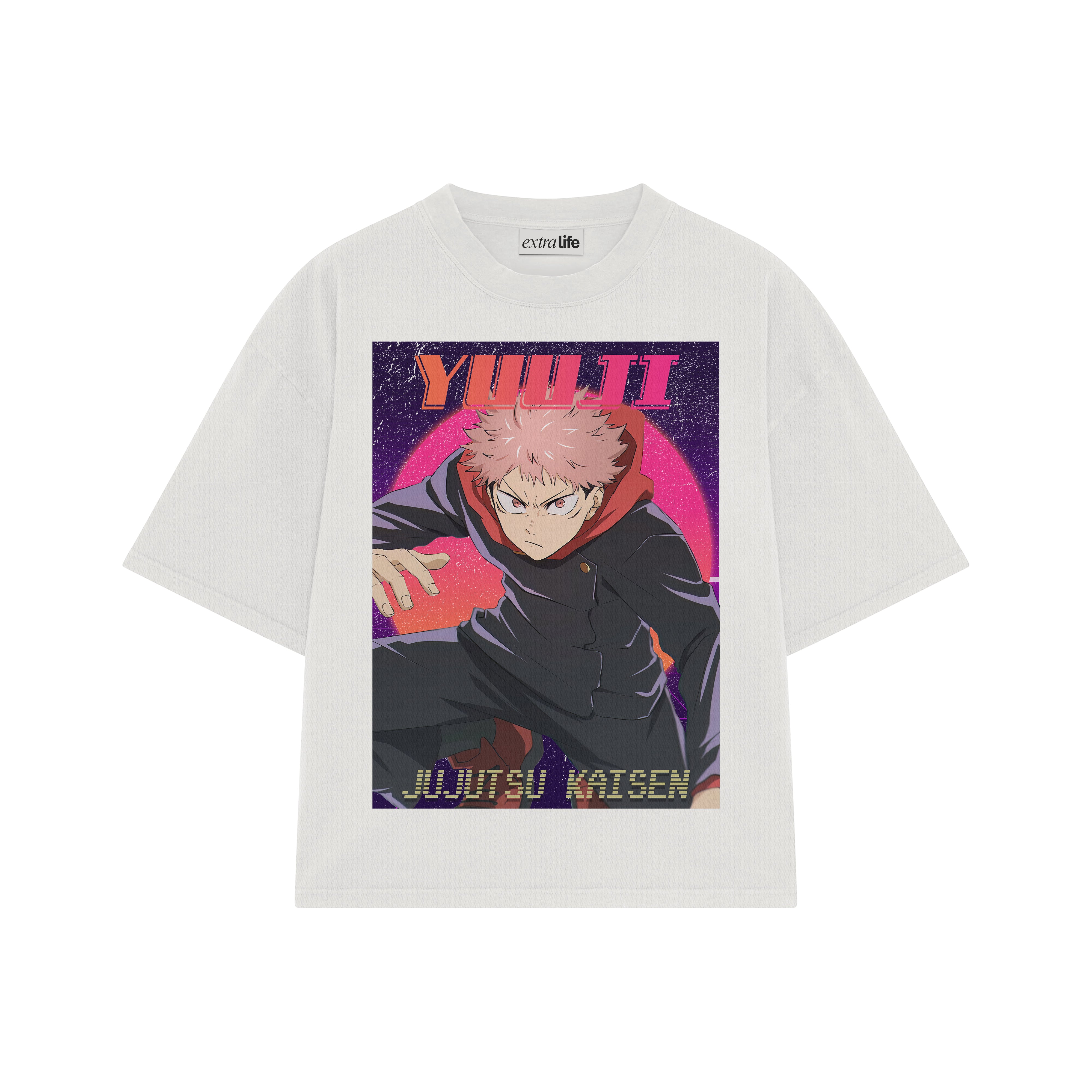 Playera streetwear premium de anime y gaming ExtraLife MX, corte boxy oversized drop shoulder heavyweight en color Deep Black y Off-White, moda urbana mexicana de culto.