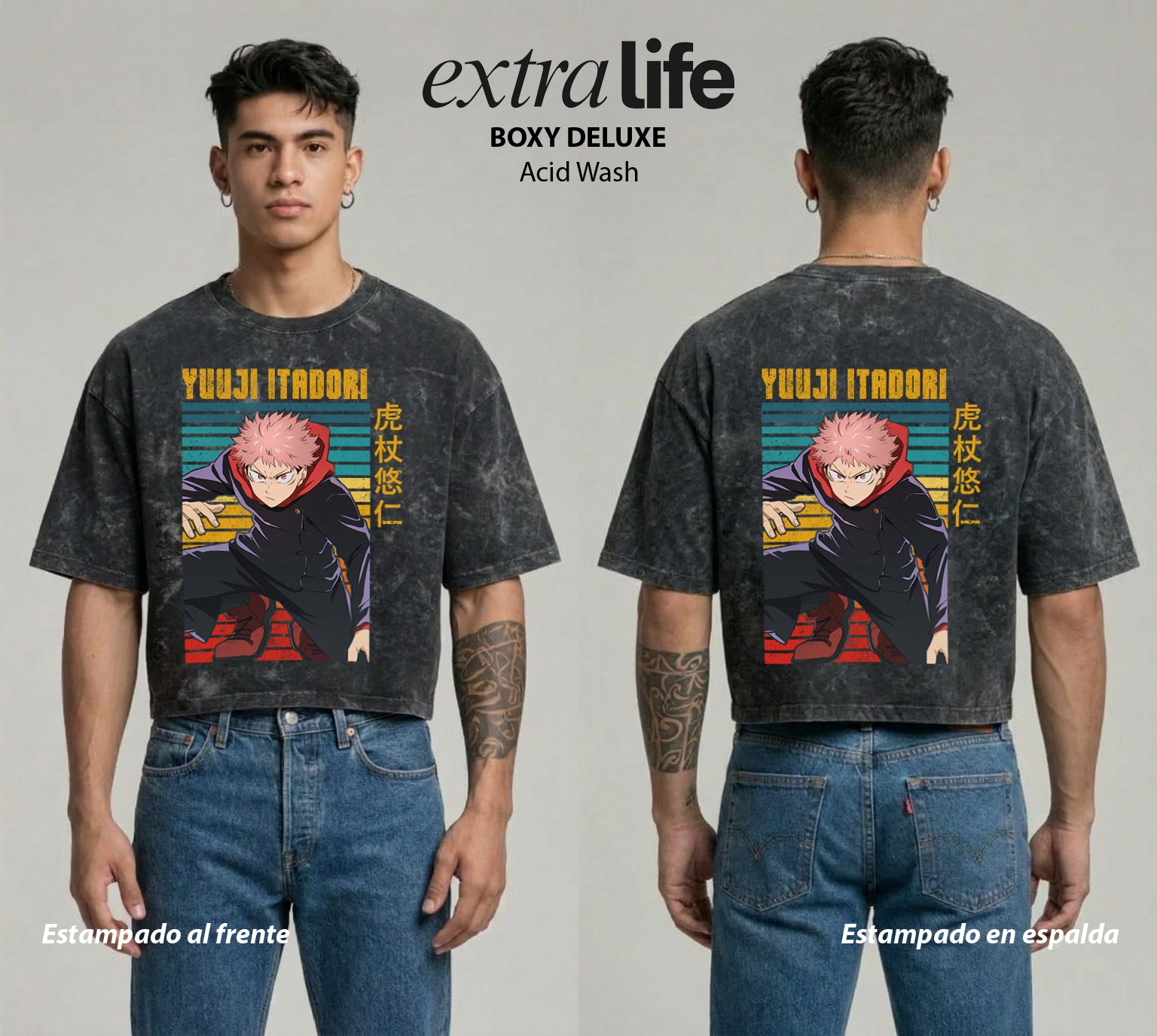 Playera streetwear premium de anime y gaming ExtraLife MX, corte boxy deluxe mineral wash heavyweight en color Acid Wash, moda urbana mexicana de culto.