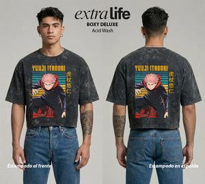 Playera streetwear premium de anime y gaming ExtraLife MX, corte boxy deluxe mineral wash heavyweight en color Acid Wash, moda urbana mexicana de culto.