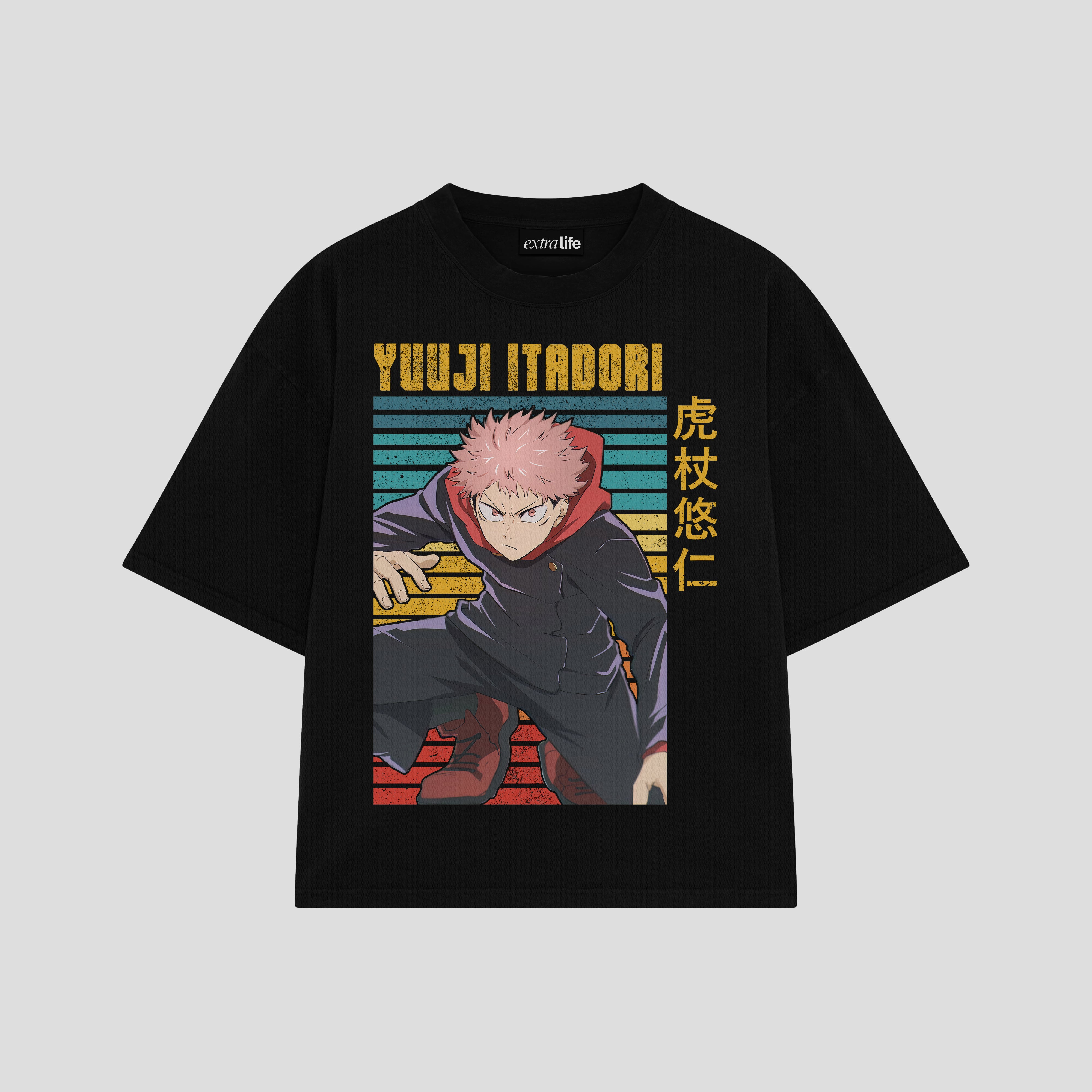 Playera streetwear premium de anime y gaming ExtraLife MX, corte boxy oversized drop shoulder heavyweight en color Deep Black y Off-White, moda urbana mexicana de culto.