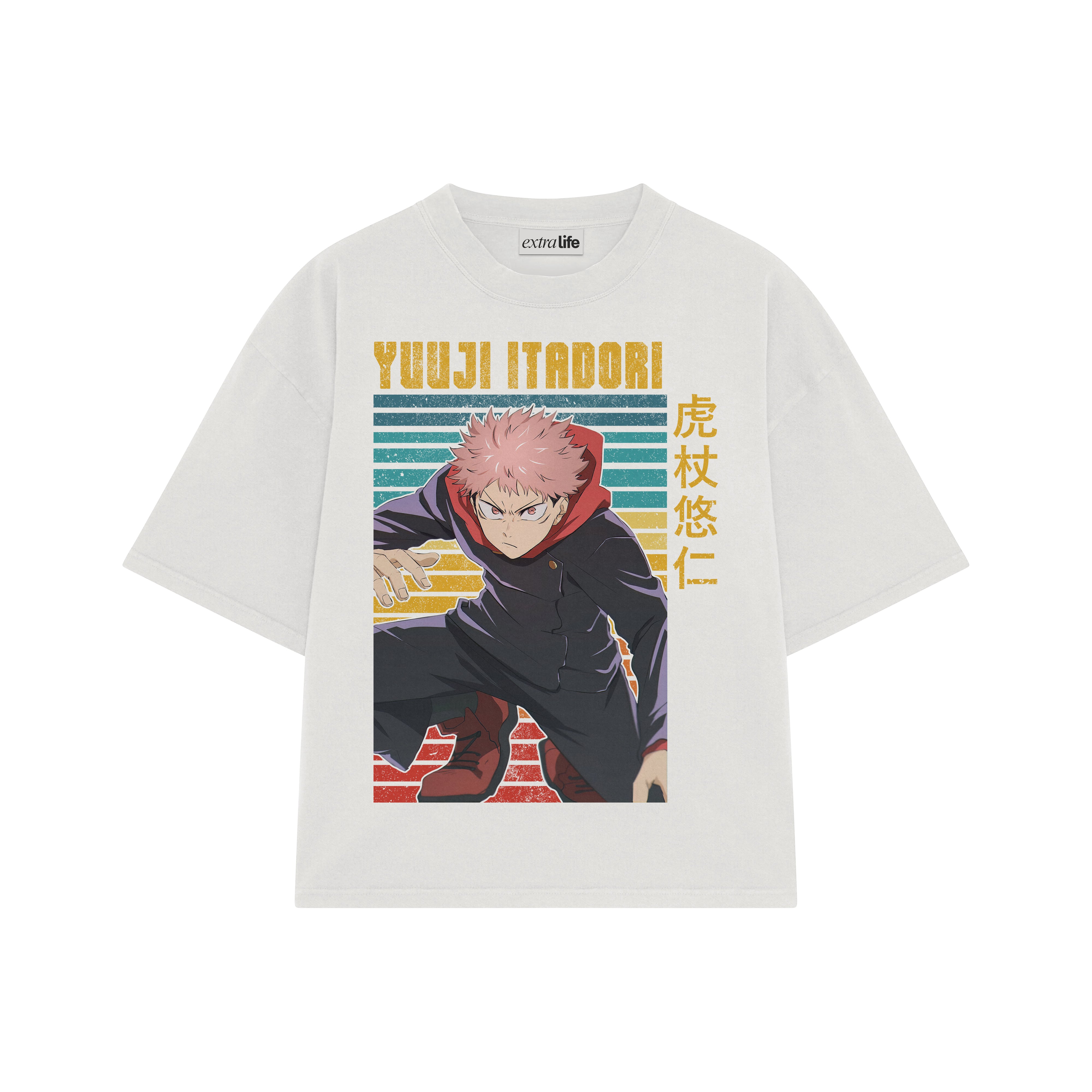 Playera streetwear premium de anime y gaming ExtraLife MX, corte boxy oversized drop shoulder heavyweight en color Deep Black y Off-White, moda urbana mexicana de culto.