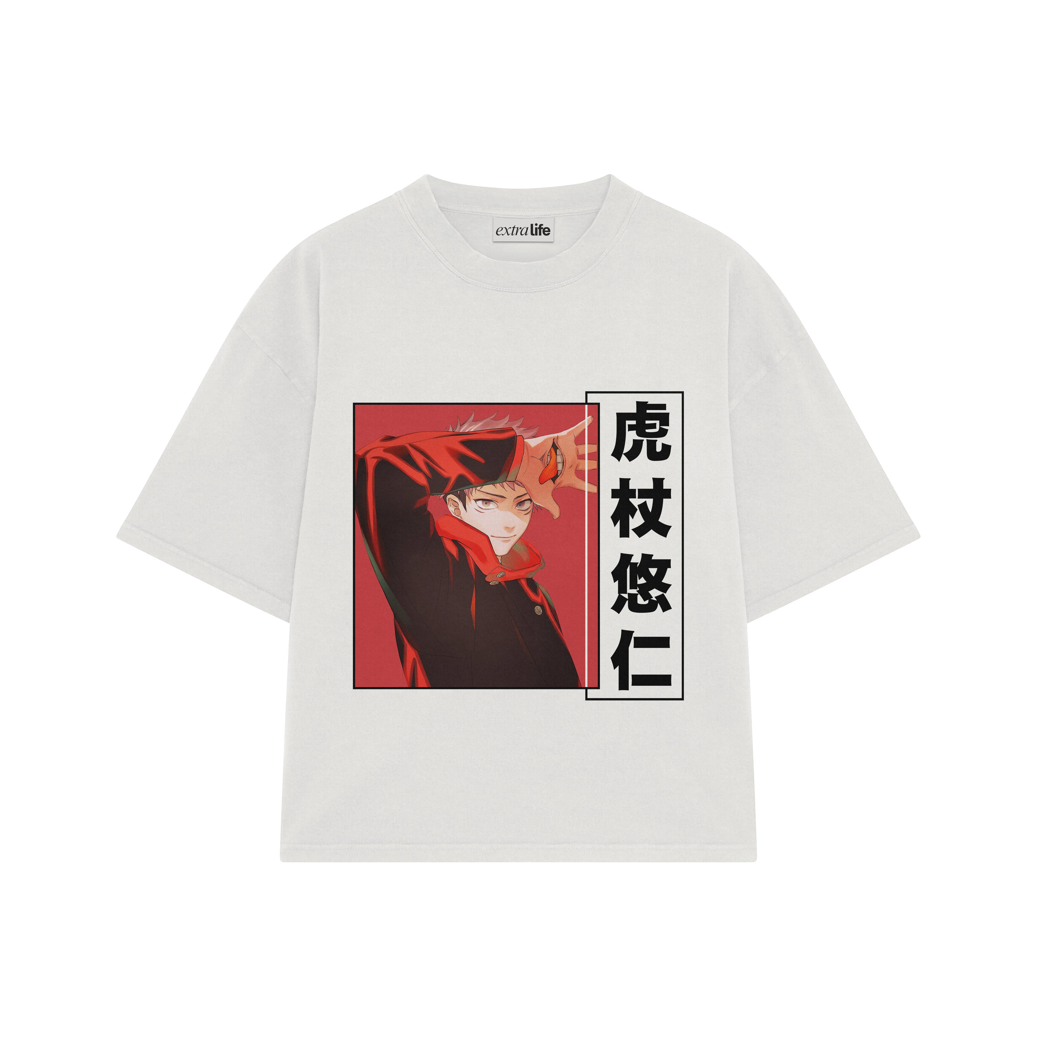 Playera streetwear premium de anime y gaming ExtraLife MX, corte boxy oversized drop shoulder heavyweight en color Deep Black y Off-White, moda urbana mexicana de culto.