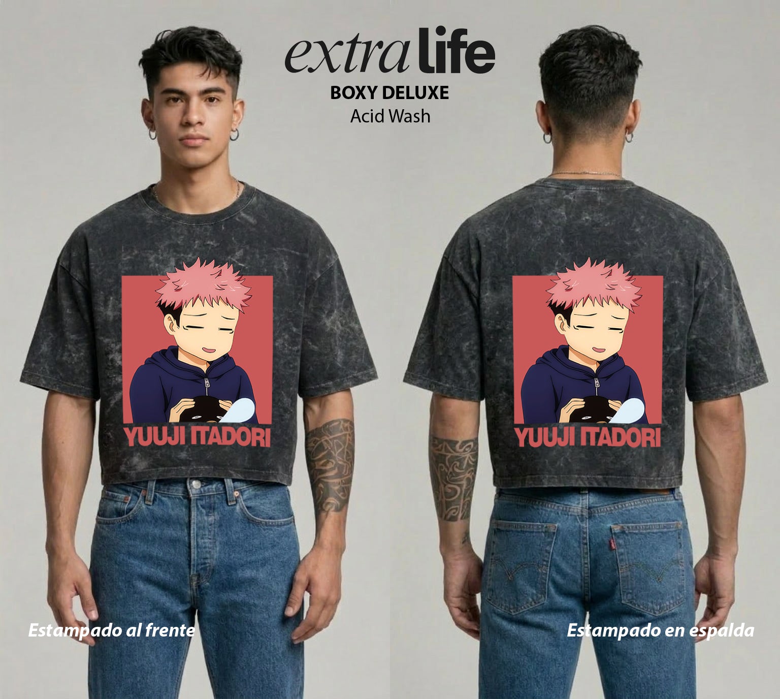 Playera streetwear premium de anime y gaming ExtraLife MX, corte boxy deluxe mineral wash heavyweight en color Acid Wash, moda urbana mexicana de culto.