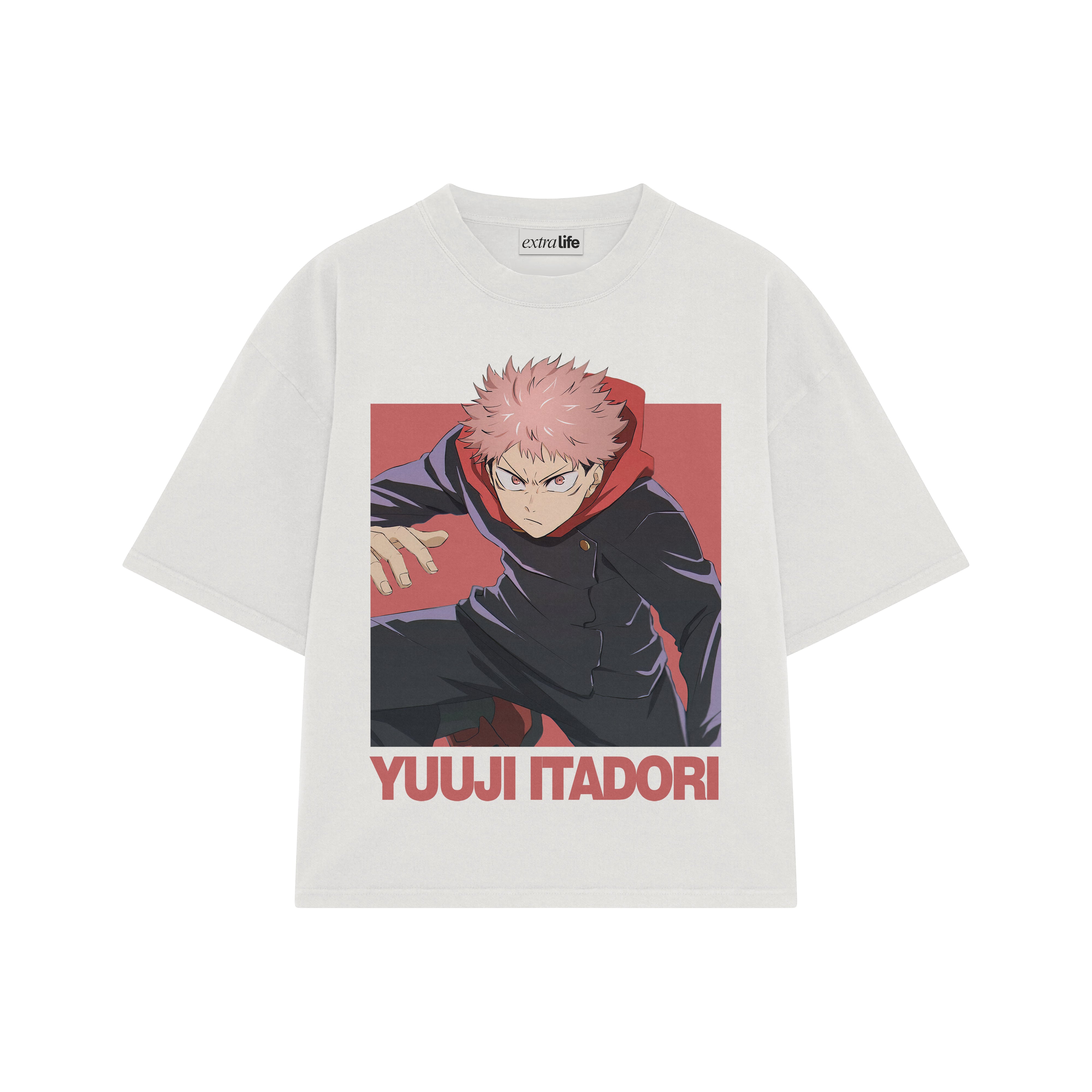 Playera streetwear premium de anime y gaming ExtraLife MX, corte boxy oversized drop shoulder heavyweight en color Deep Black y Off-White, moda urbana mexicana de culto.