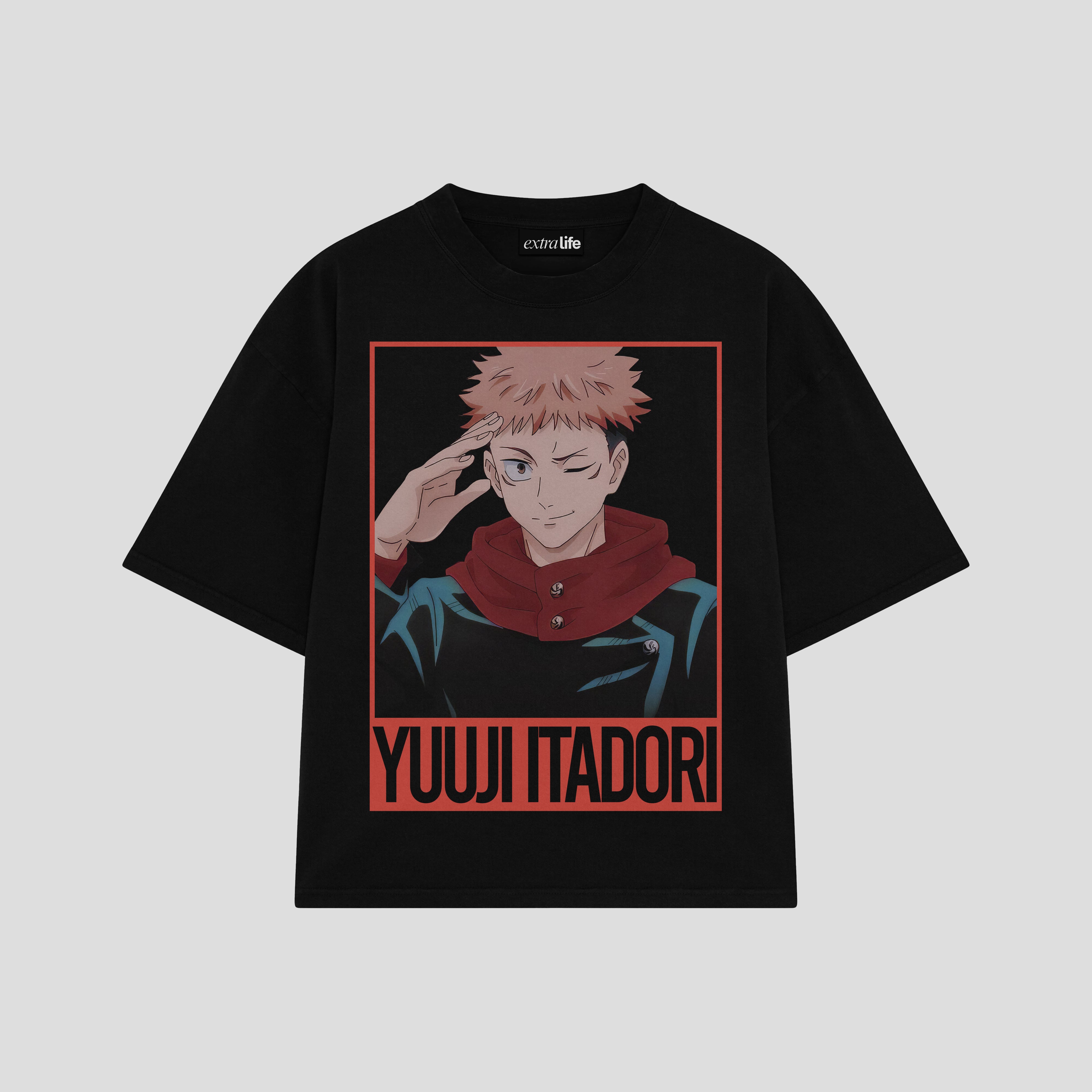 Playera streetwear premium de anime y gaming ExtraLife MX, corte boxy oversized drop shoulder heavyweight en color Deep Black y Off-White, moda urbana mexicana de culto.