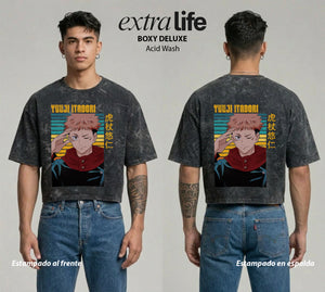 Playera streetwear premium de anime y gaming ExtraLife MX, corte boxy deluxe mineral wash heavyweight en color Acid Wash, moda urbana mexicana de culto.