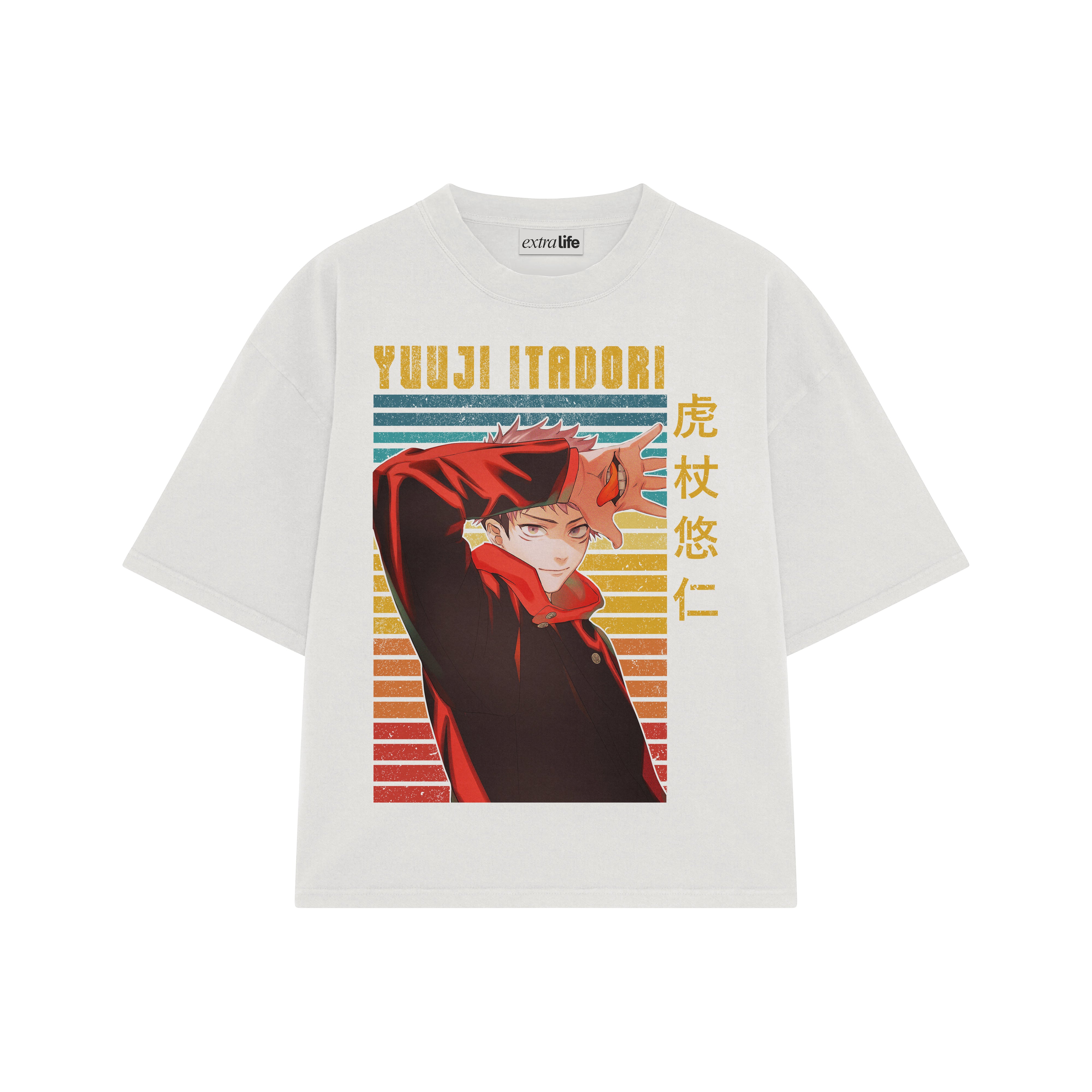 Playera streetwear premium de anime y gaming ExtraLife MX, corte boxy oversized drop shoulder heavyweight en color Deep Black y Off-White, moda urbana mexicana de culto.