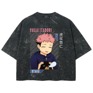 Playera streetwear premium de anime y gaming ExtraLife MX, corte boxy deluxe mineral wash heavyweight en color Acid Wash, moda urbana mexicana de culto.