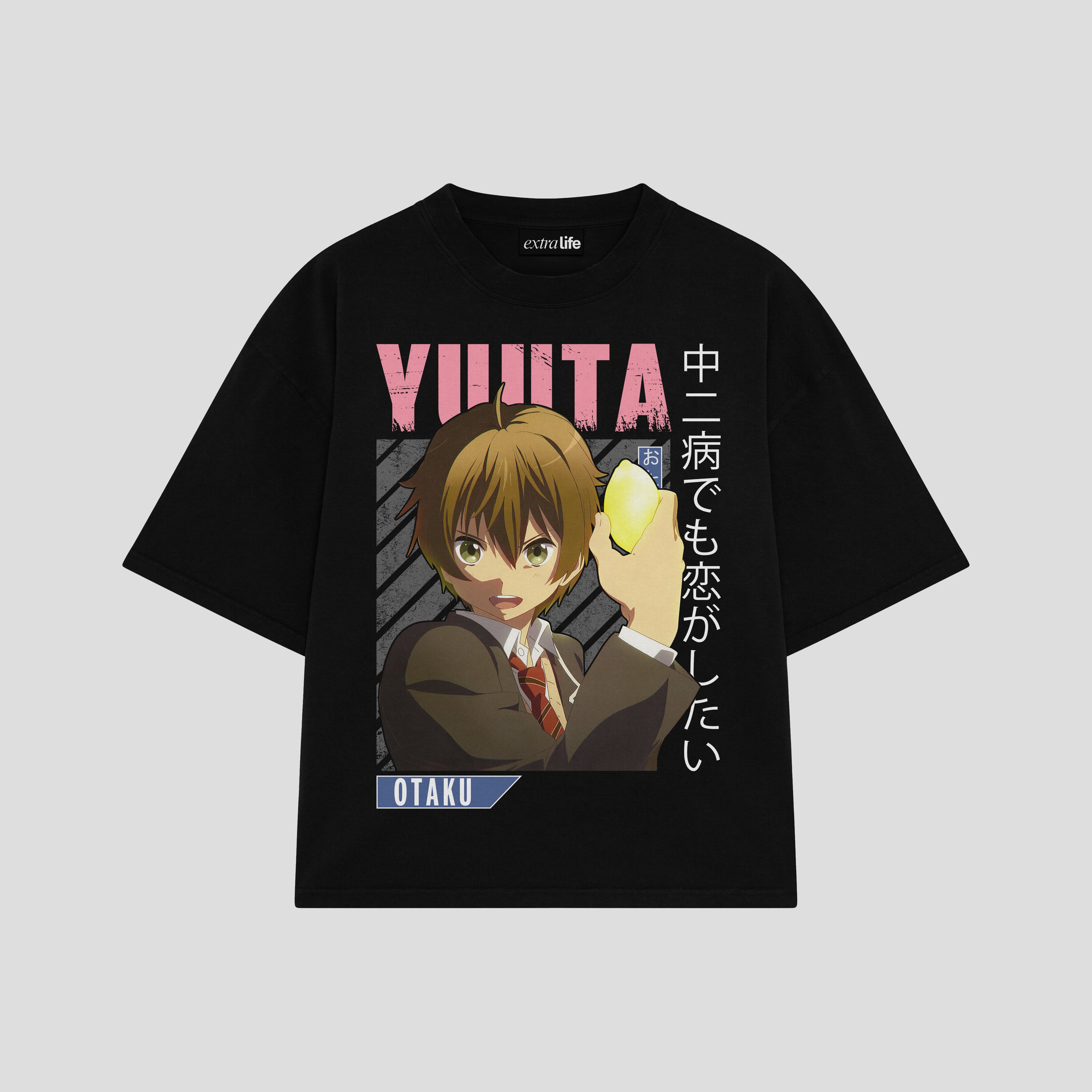 Playera streetwear premium de anime y gaming ExtraLife MX, corte boxy oversized drop shoulder heavyweight en color Deep Black y Off-White, moda urbana mexicana de culto.