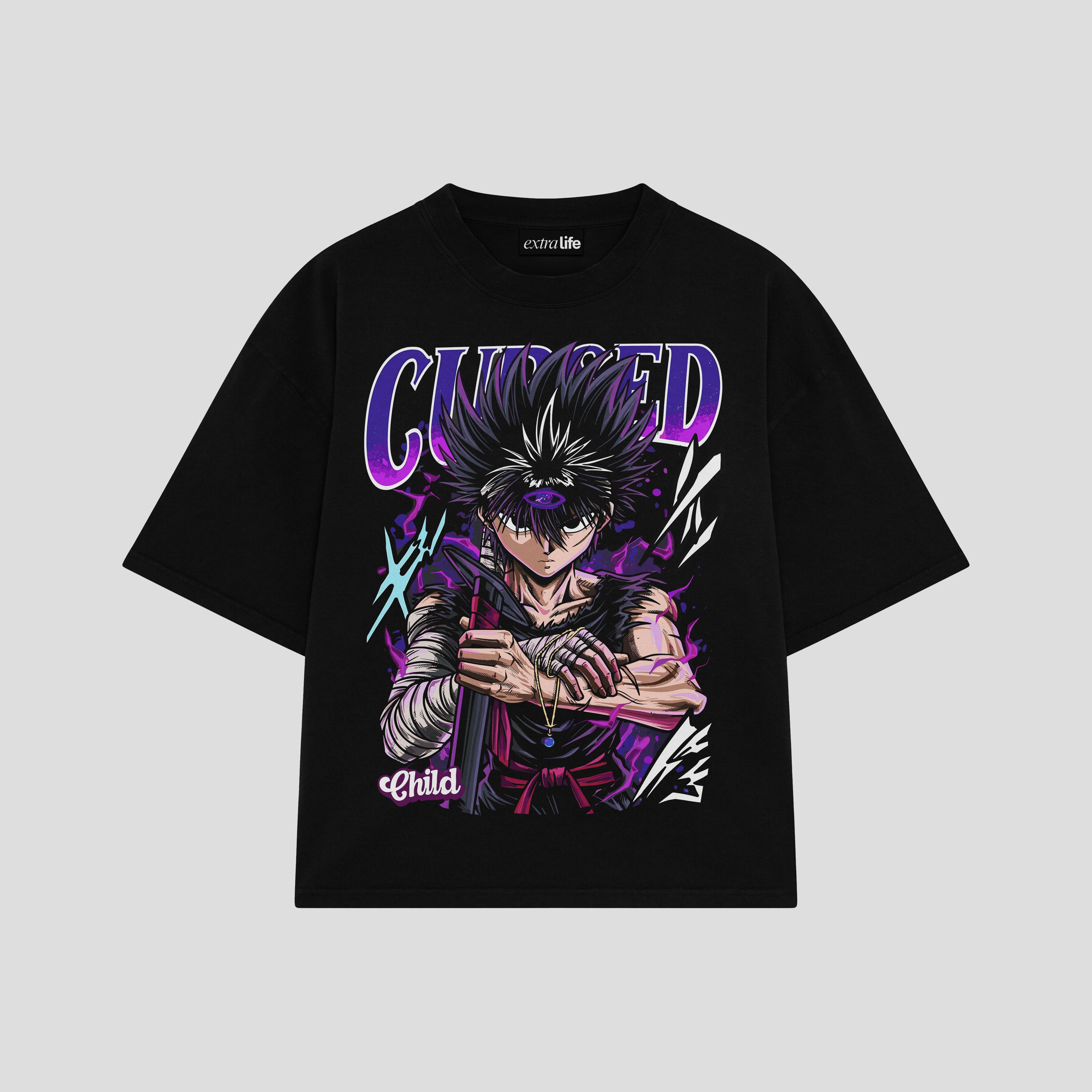 Playera streetwear premium de anime y gaming ExtraLife MX, corte boxy oversized drop shoulder heavyweight en color Deep Black y Off-White, moda urbana mexicana de culto.