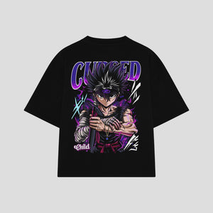 Playera streetwear premium de anime y gaming ExtraLife MX, corte boxy oversized drop shoulder heavyweight en color Deep Black y Off-White, moda urbana mexicana de culto.