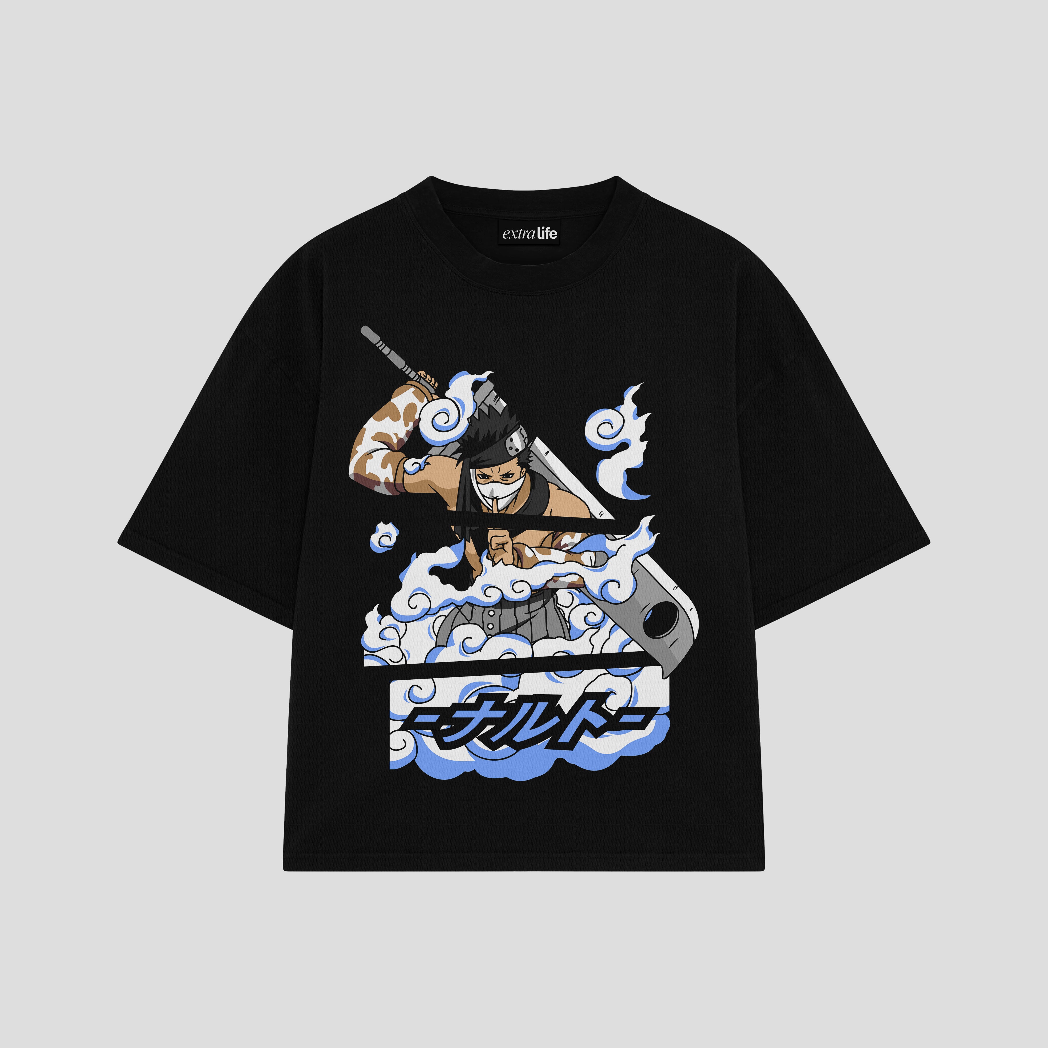 Playera streetwear premium de anime y gaming ExtraLife MX, corte boxy oversized drop shoulder heavyweight en color Deep Black y Off-White, moda urbana mexicana de culto.