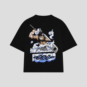 Playera streetwear premium de anime y gaming ExtraLife MX, corte boxy oversized drop shoulder heavyweight en color Deep Black y Off-White, moda urbana mexicana de culto.