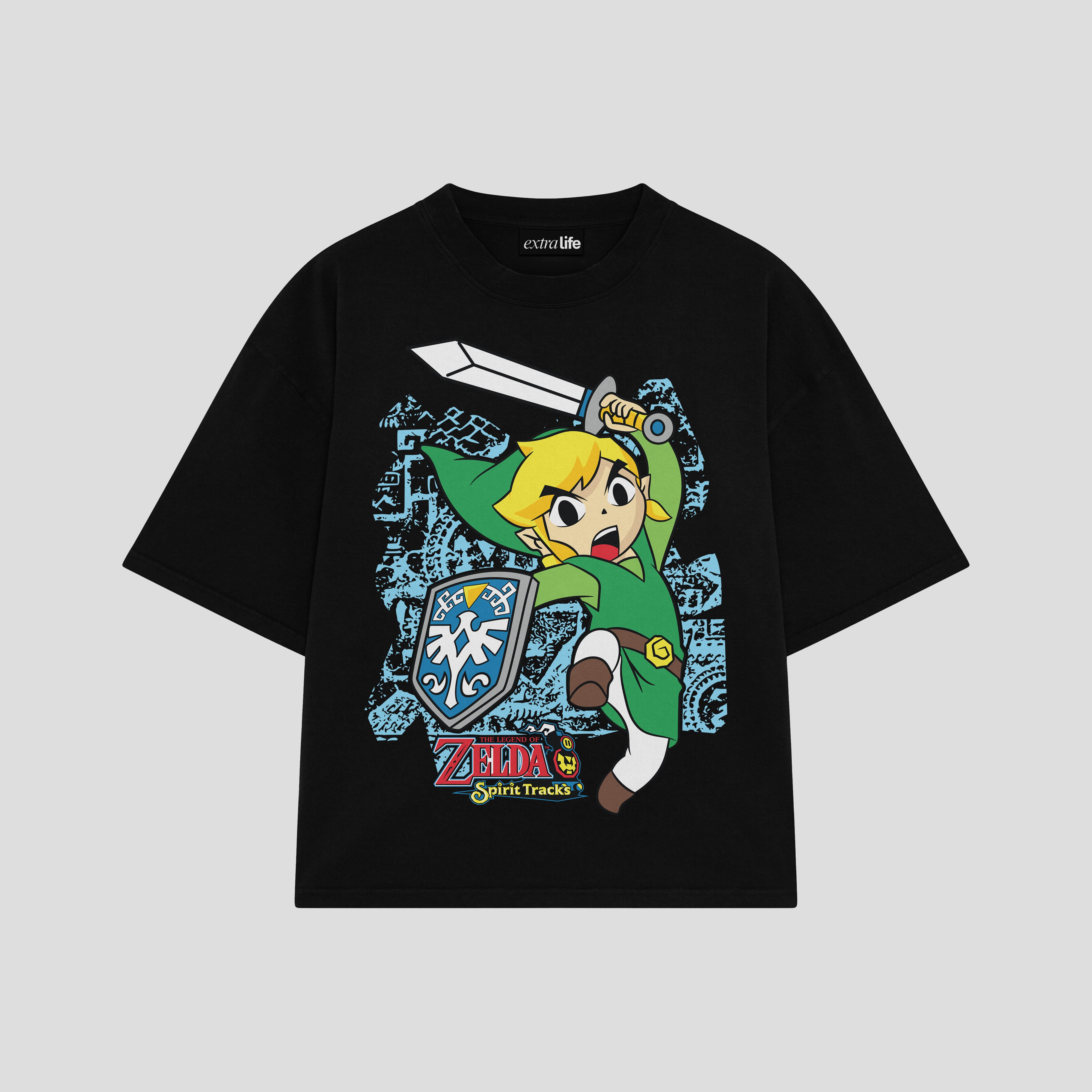Playera streetwear premium de anime y gaming ExtraLife MX, corte boxy oversized drop shoulder heavyweight en color Deep Black y Off-White, moda urbana mexicana de culto.