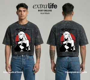Playera streetwear premium de anime y gaming ExtraLife MX, corte boxy deluxe mineral wash heavyweight en color Acid Wash, moda urbana mexicana de culto.