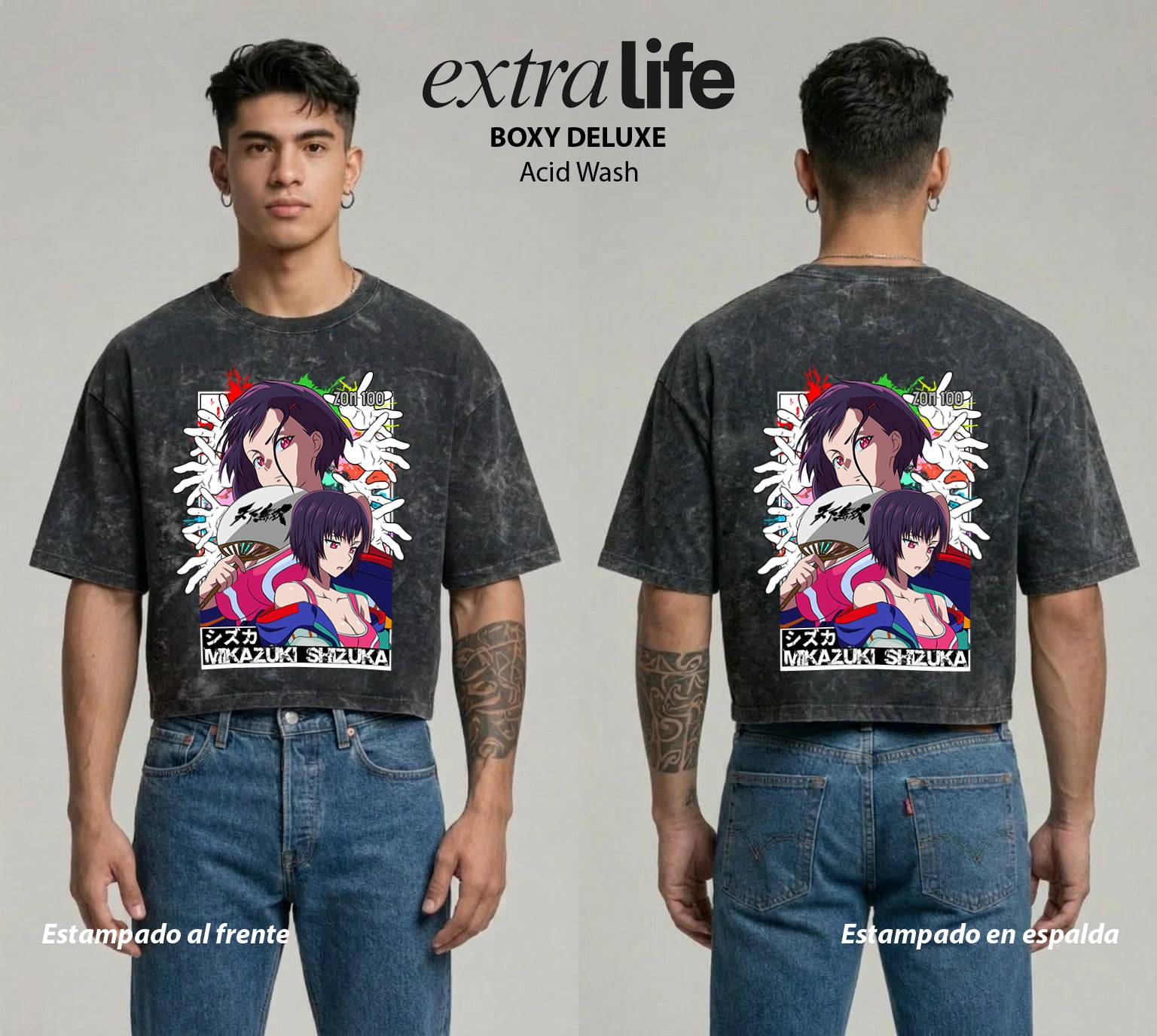 Playera streetwear premium de anime y gaming ExtraLife MX, corte boxy deluxe mineral wash heavyweight en color Acid Wash, moda urbana mexicana de culto.