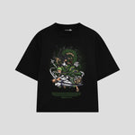 Playera streetwear premium de anime y gaming ExtraLife MX, corte boxy oversized drop shoulder heavyweight en color Deep Black y Off-White, moda urbana mexicana de culto.