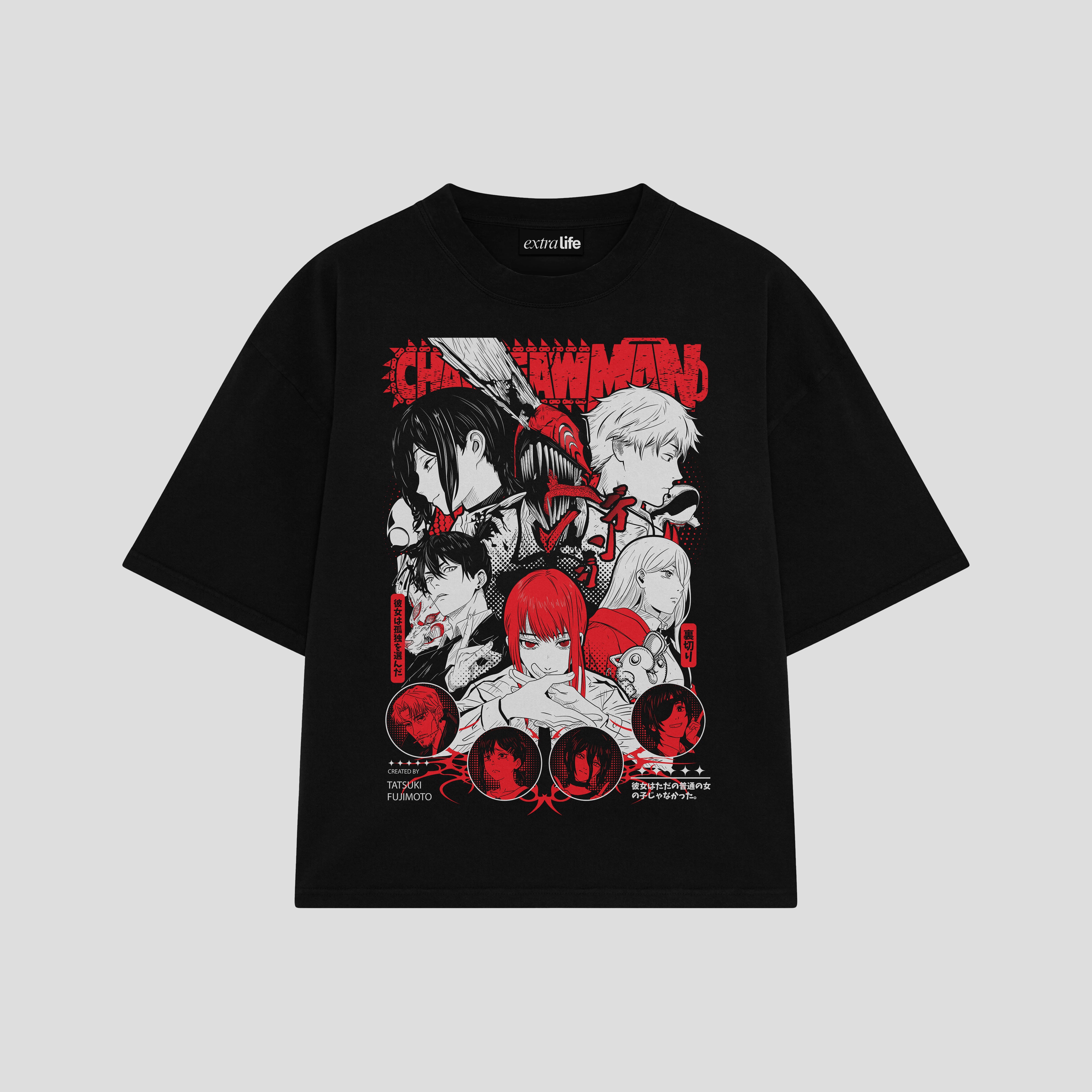 Playera streetwear premium de anime y gaming ExtraLife MX, corte boxy oversized drop shoulder heavyweight en color Deep Black y Off-White, moda urbana mexicana de culto.