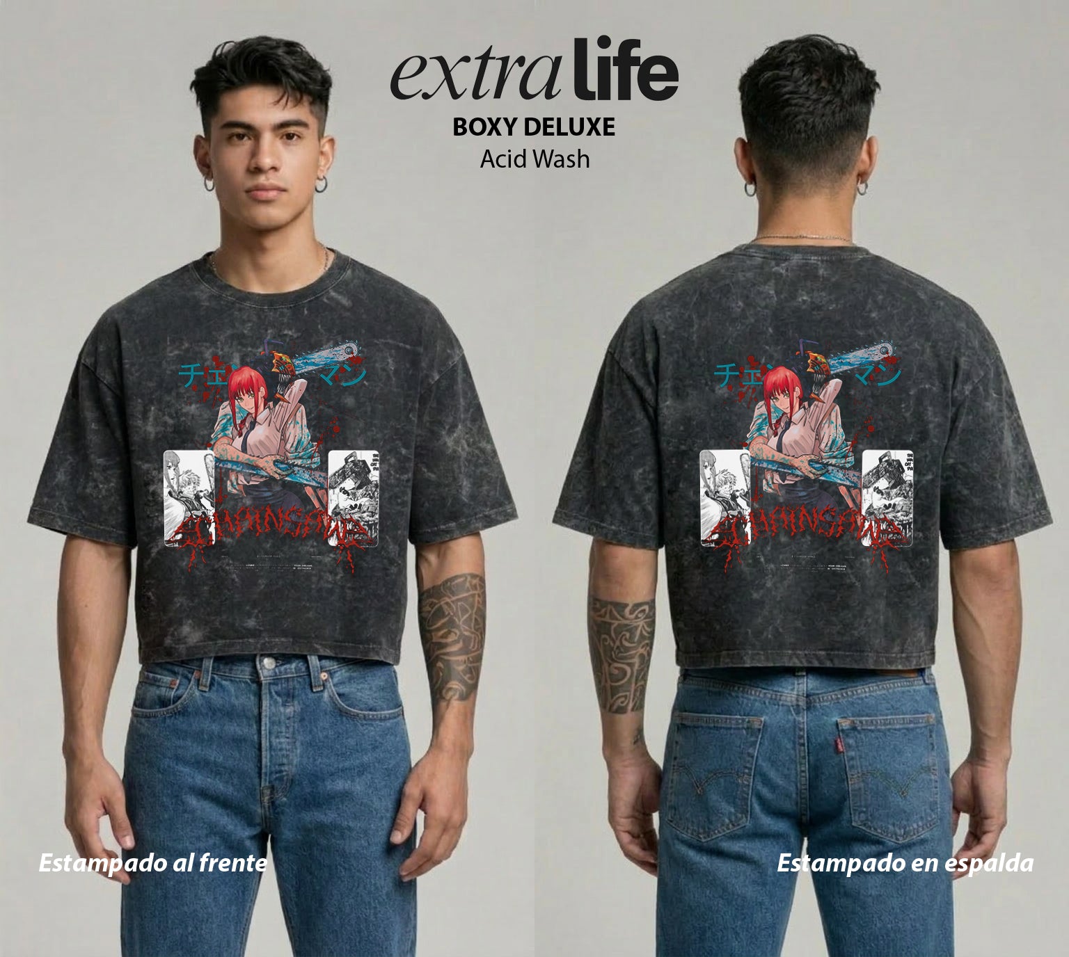 Playera streetwear premium de anime y gaming ExtraLife MX, corte boxy deluxe mineral wash heavyweight en color Acid Wash, moda urbana mexicana de culto.