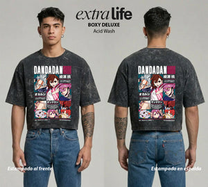 Playera streetwear premium de anime y gaming ExtraLife MX, corte boxy deluxe mineral wash heavyweight en color Acid Wash, moda urbana mexicana de culto.