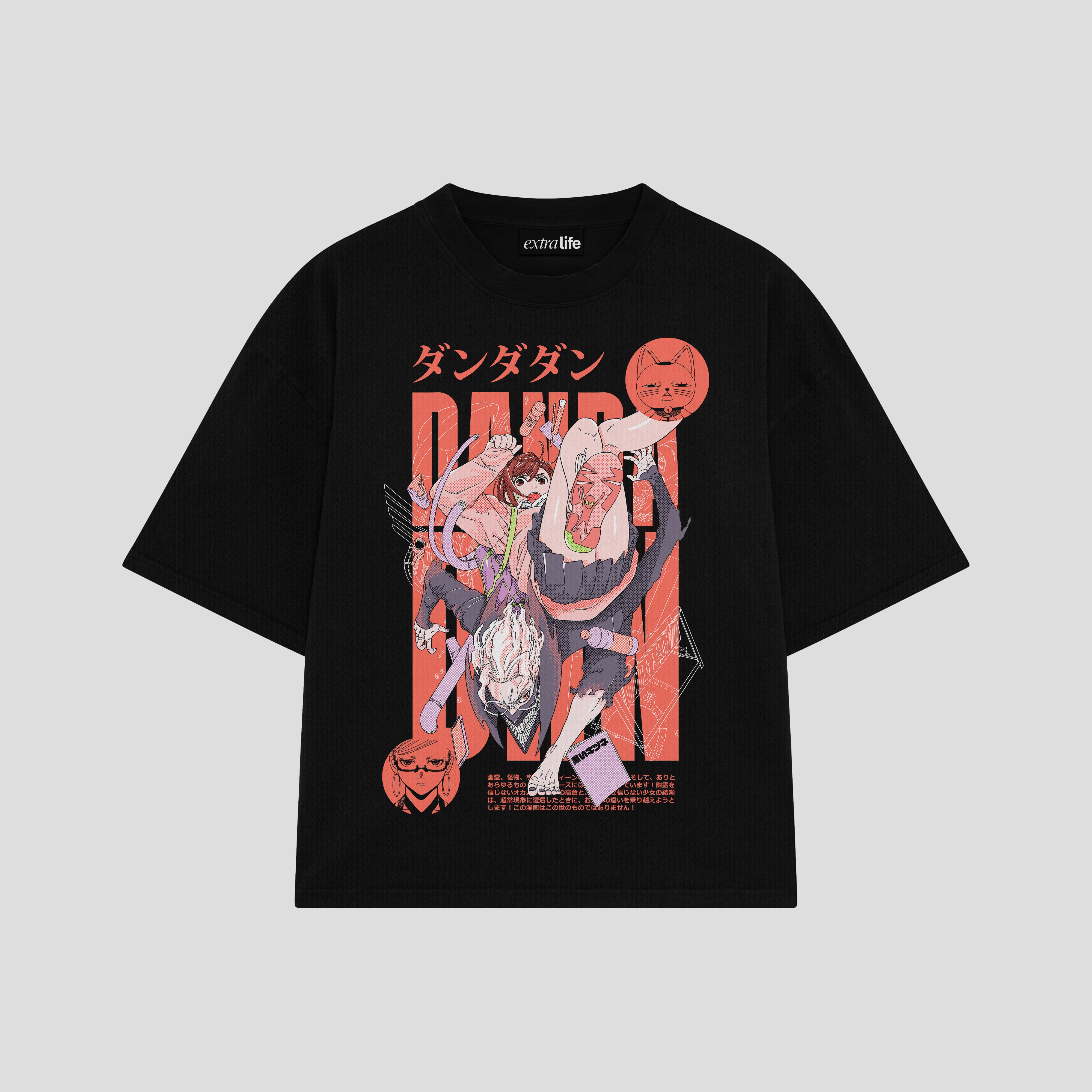 Playera streetwear premium de anime y gaming ExtraLife MX, corte boxy oversized drop shoulder heavyweight en color Deep Black y Off-White, moda urbana mexicana de culto.