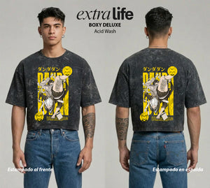 Playera streetwear premium de anime y gaming ExtraLife MX, corte boxy deluxe mineral wash heavyweight en color Acid Wash, moda urbana mexicana de culto.