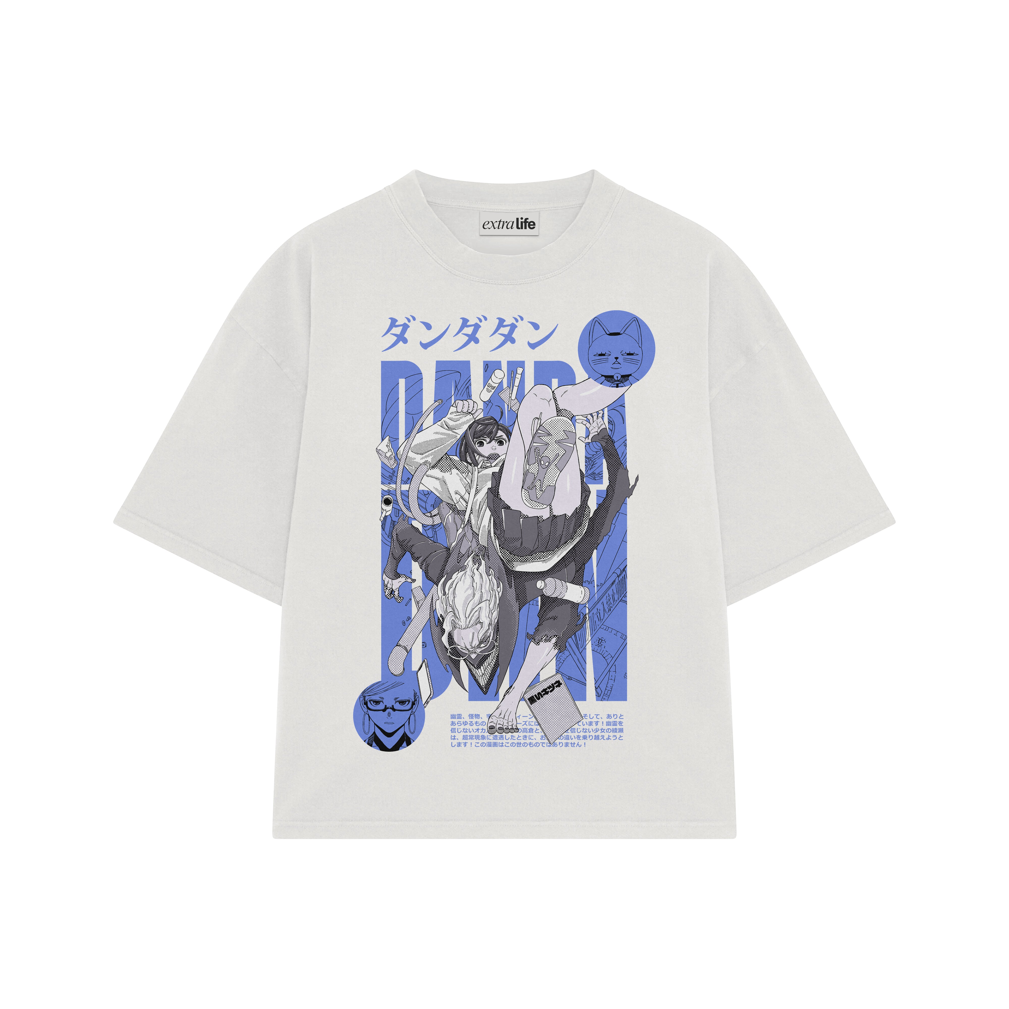 Playera streetwear premium de anime y gaming ExtraLife MX, corte boxy oversized drop shoulder heavyweight en color Deep Black y Off-White, moda urbana mexicana de culto.