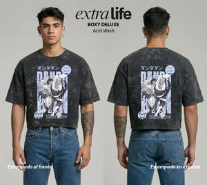 Playera streetwear premium de anime y gaming ExtraLife MX, corte boxy deluxe mineral wash heavyweight en color Acid Wash, moda urbana mexicana de culto.