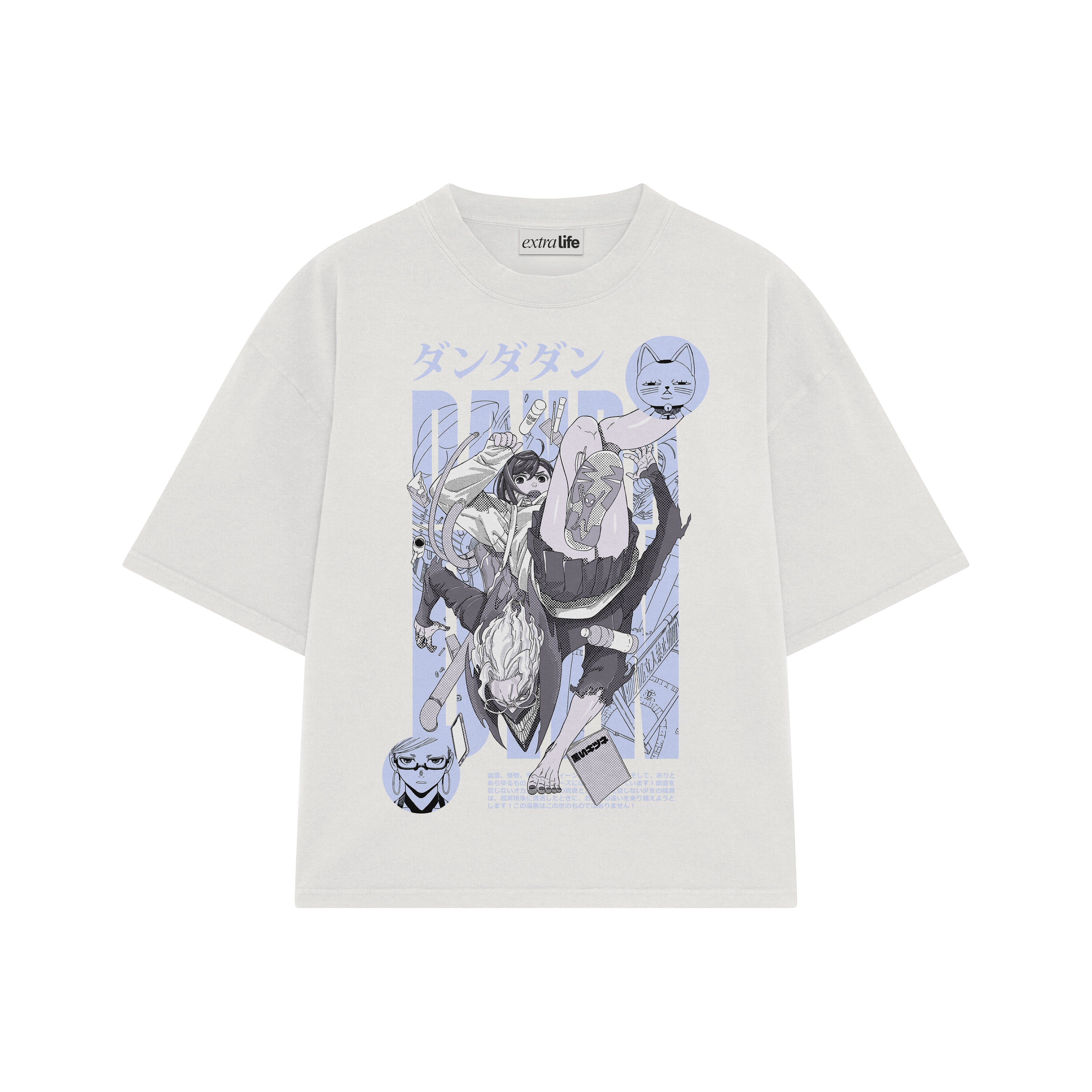 Playera streetwear premium de anime y gaming ExtraLife MX, corte boxy oversized drop shoulder heavyweight en color Deep Black y Off-White, moda urbana mexicana de culto.