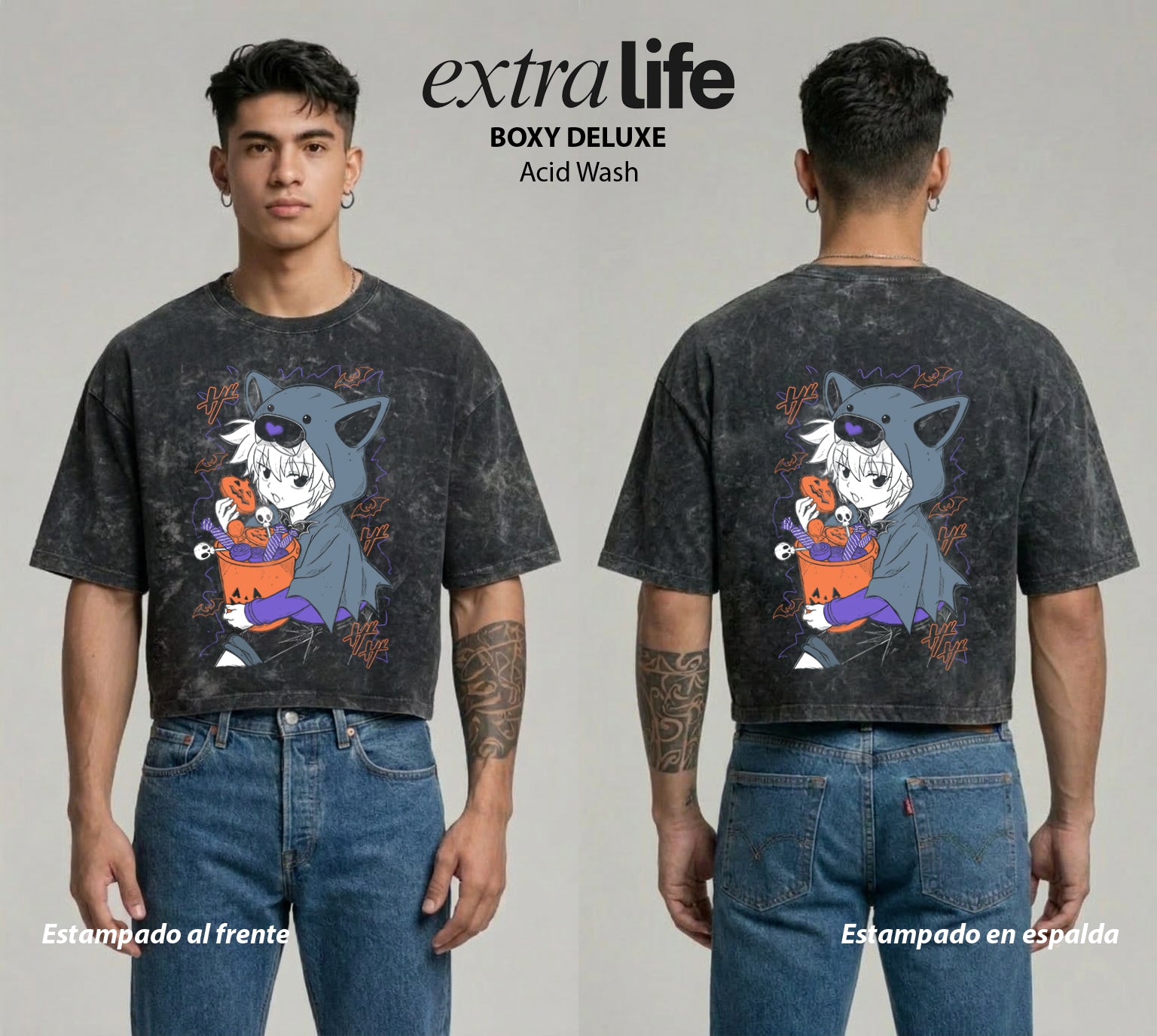 Playera streetwear premium de anime y gaming ExtraLife MX, corte boxy deluxe mineral wash heavyweight en color Acid Wash, moda urbana mexicana de culto.