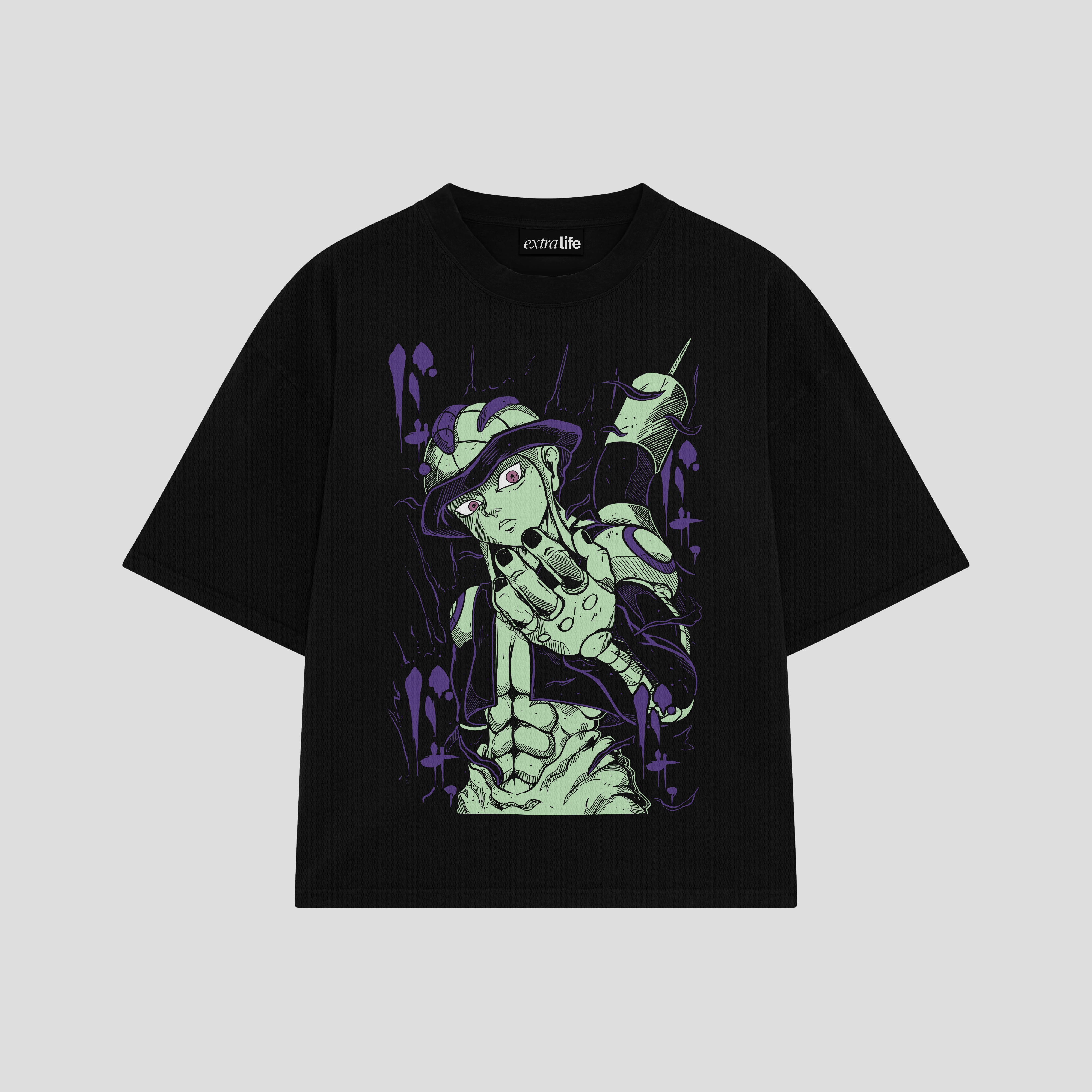 Playera streetwear premium de anime y gaming ExtraLife MX, corte boxy oversized drop shoulder heavyweight en color Deep Black y Off-White, moda urbana mexicana de culto.