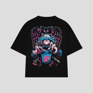 Playera streetwear premium de anime y gaming ExtraLife MX, corte boxy oversized drop shoulder heavyweight en color Deep Black y Off-White, moda urbana mexicana de culto.