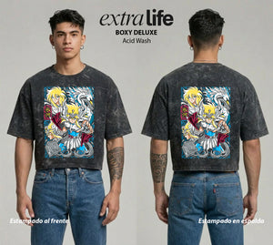 Playera streetwear premium de anime y gaming ExtraLife MX, corte boxy deluxe mineral wash heavyweight en color Acid Wash, moda urbana mexicana de culto.