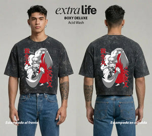 Playera streetwear premium de anime y gaming ExtraLife MX, corte boxy deluxe mineral wash heavyweight en color Acid Wash, moda urbana mexicana de culto.