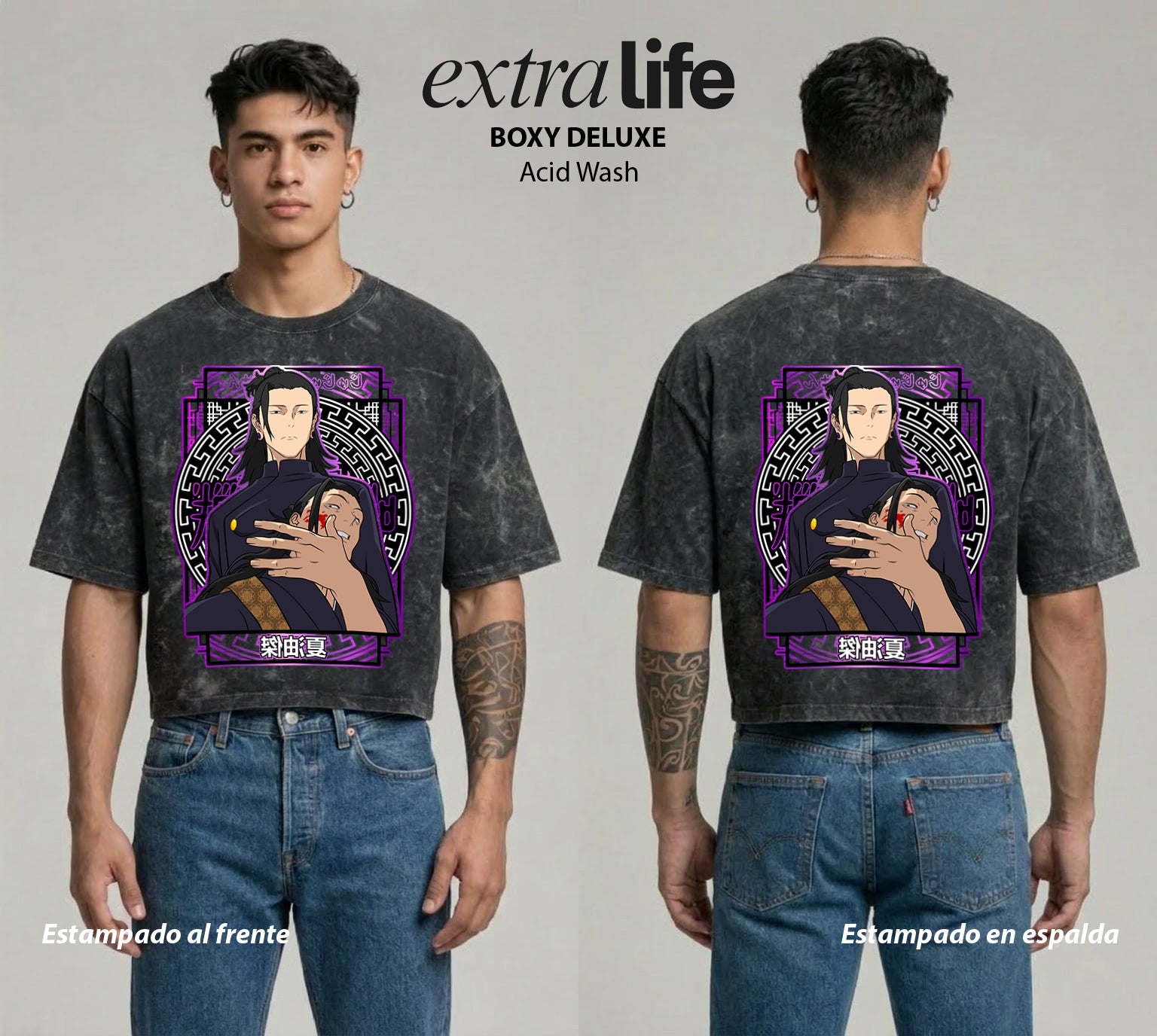 Playera streetwear premium de anime y gaming ExtraLife MX, corte boxy deluxe mineral wash heavyweight en color Acid Wash, moda urbana mexicana de culto.
