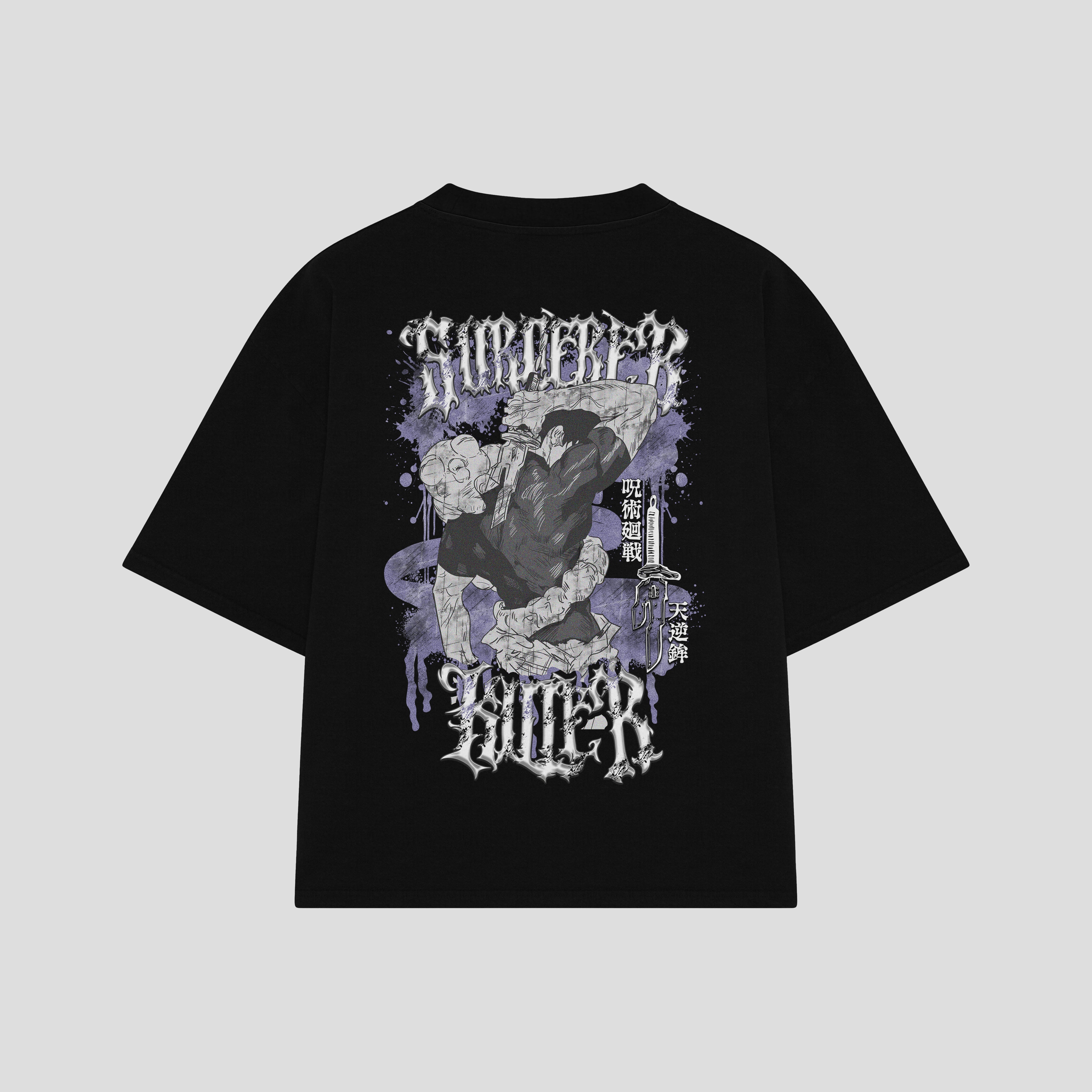 Playera streetwear premium de anime y gaming ExtraLife MX, corte boxy oversized drop shoulder heavyweight en color Deep Black y Off-White, moda urbana mexicana de culto.
