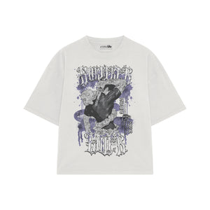 Playera streetwear premium de anime y gaming ExtraLife MX, corte boxy oversized drop shoulder heavyweight en color Deep Black y Off-White, moda urbana mexicana de culto.