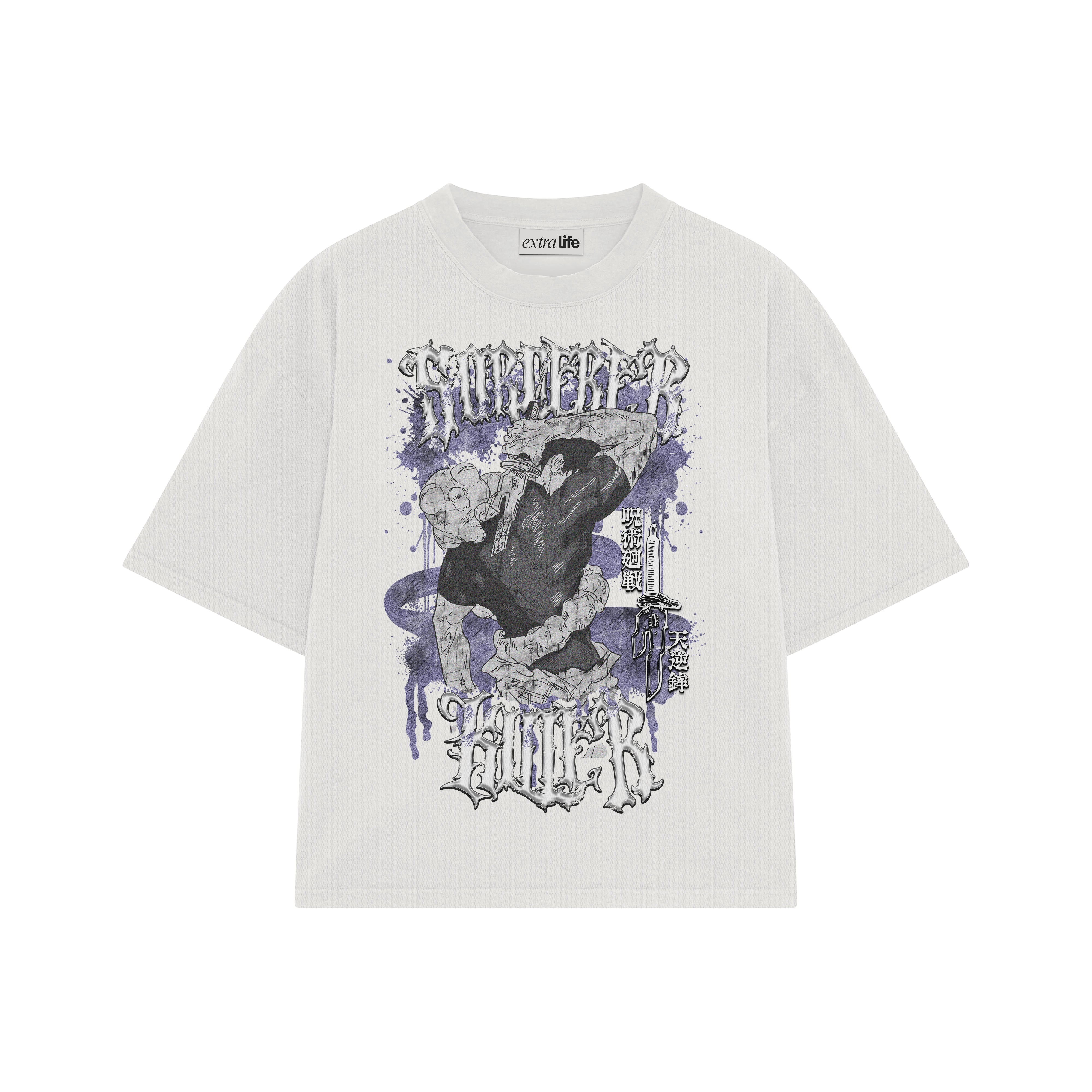 Playera streetwear premium de anime y gaming ExtraLife MX, corte boxy oversized drop shoulder heavyweight en color Deep Black y Off-White, moda urbana mexicana de culto.