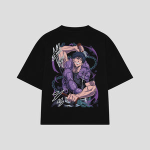 Playera streetwear premium de anime y gaming ExtraLife MX, corte boxy oversized drop shoulder heavyweight en color Deep Black y Off-White, moda urbana mexicana de culto.