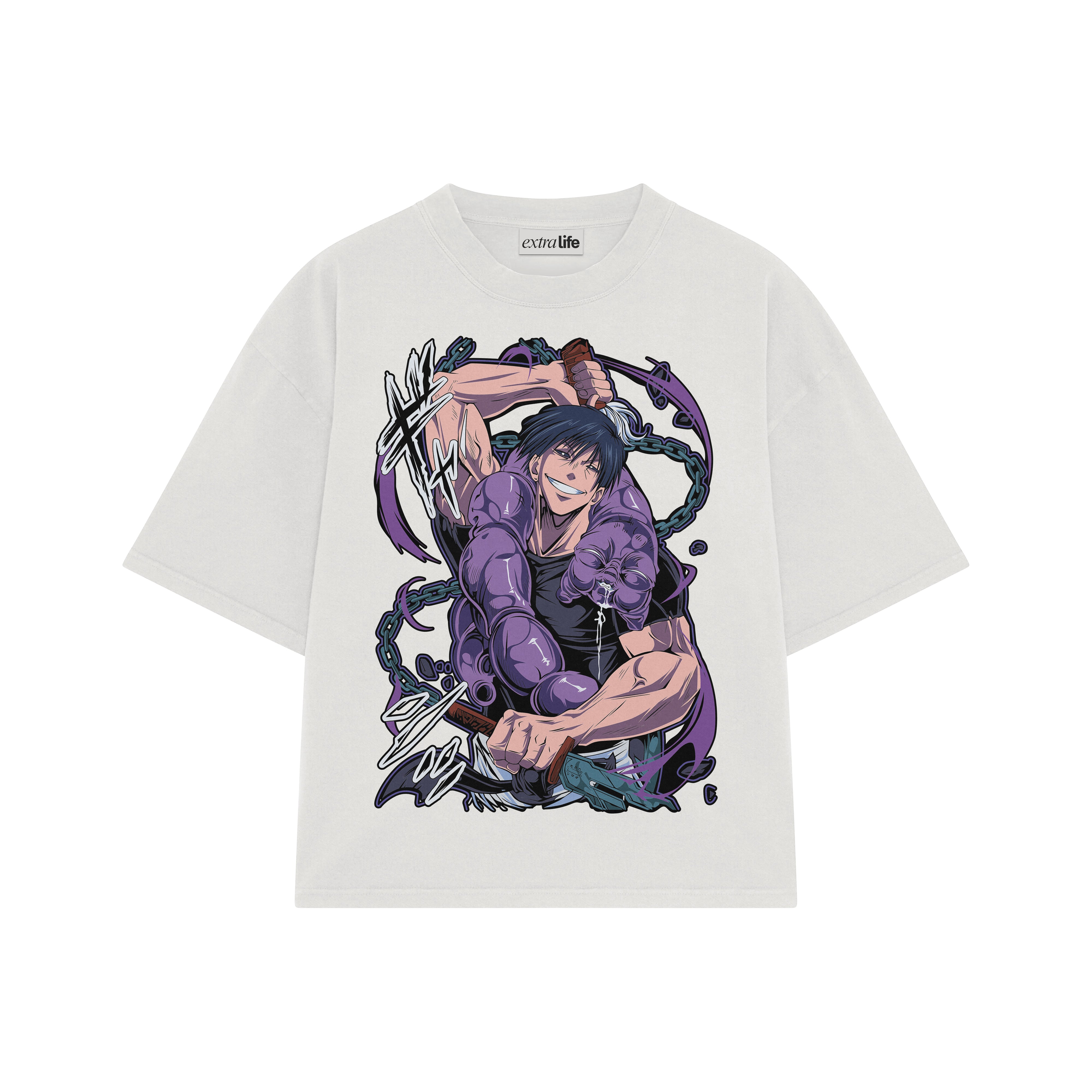 Playera streetwear premium de anime y gaming ExtraLife MX, corte boxy oversized drop shoulder heavyweight en color Deep Black y Off-White, moda urbana mexicana de culto.