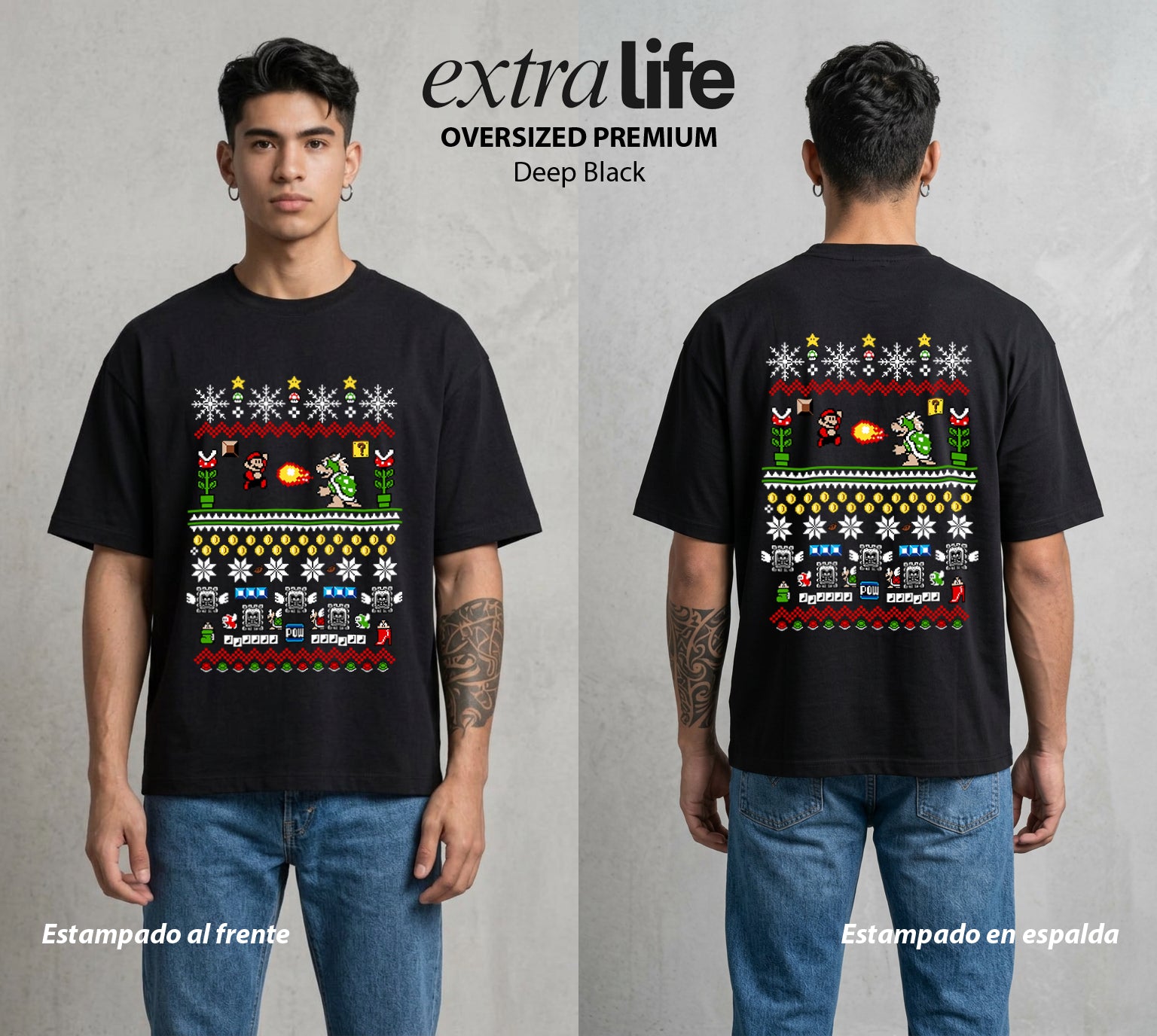 El Reino del Fontanero | Villano Navideño #04595 - Playera Oversized Premium | Deep Black - Foto en modelo
