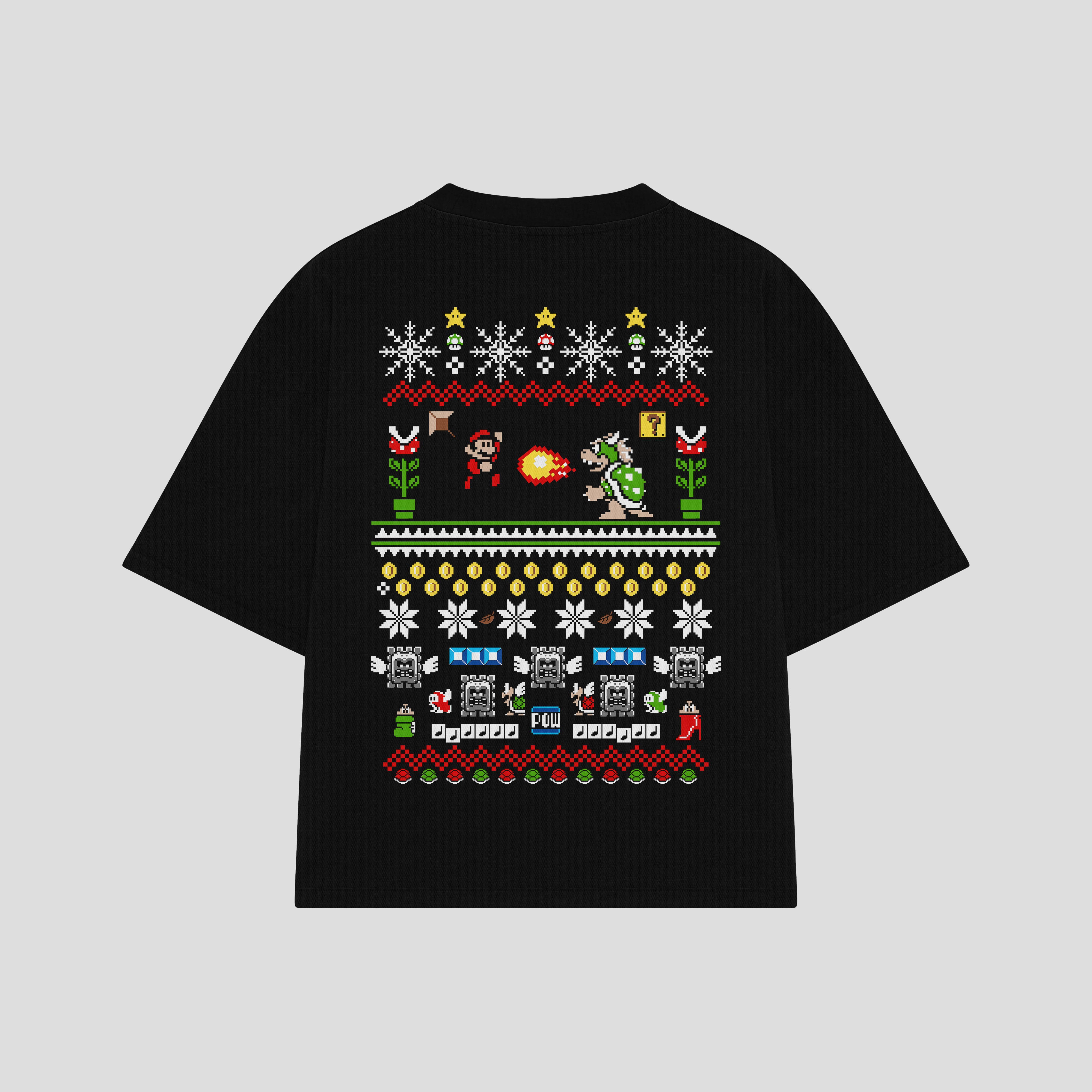 Playera streetwear premium de anime y gaming ExtraLife MX, corte boxy oversized drop shoulder heavyweight en color Deep Black y Off-White, moda urbana mexicana de culto.