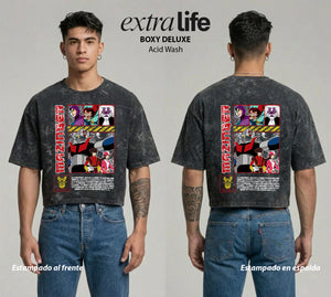Playera streetwear premium de anime y gaming ExtraLife MX, corte boxy deluxe mineral wash heavyweight en color Acid Wash, moda urbana mexicana de culto.