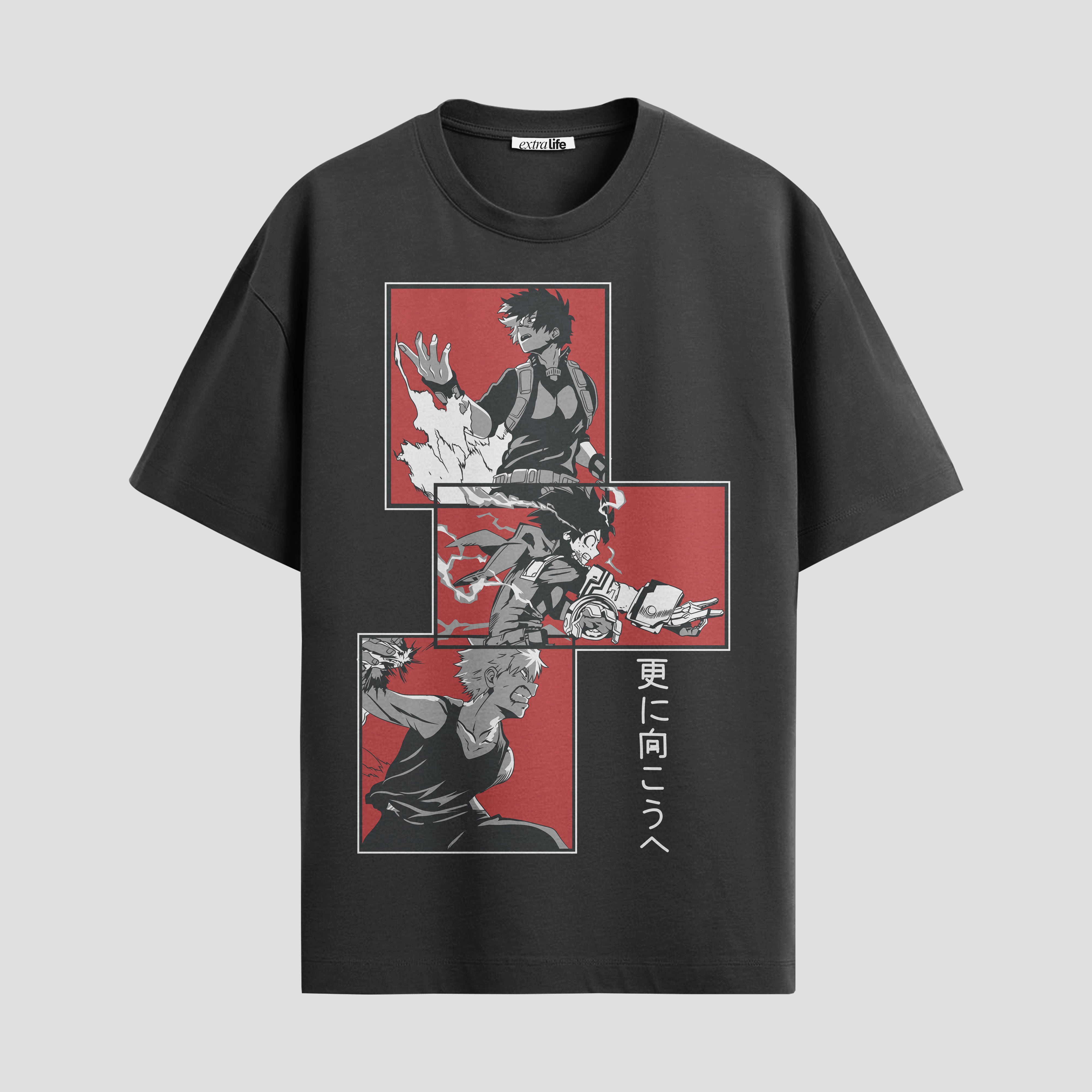 Playera urbana de anime y gaming ExtraLife MX, corte Standard Fit unisex ligero y transpirable en color Deep Black y Pure White, ropa de uso diario para gym y casual.