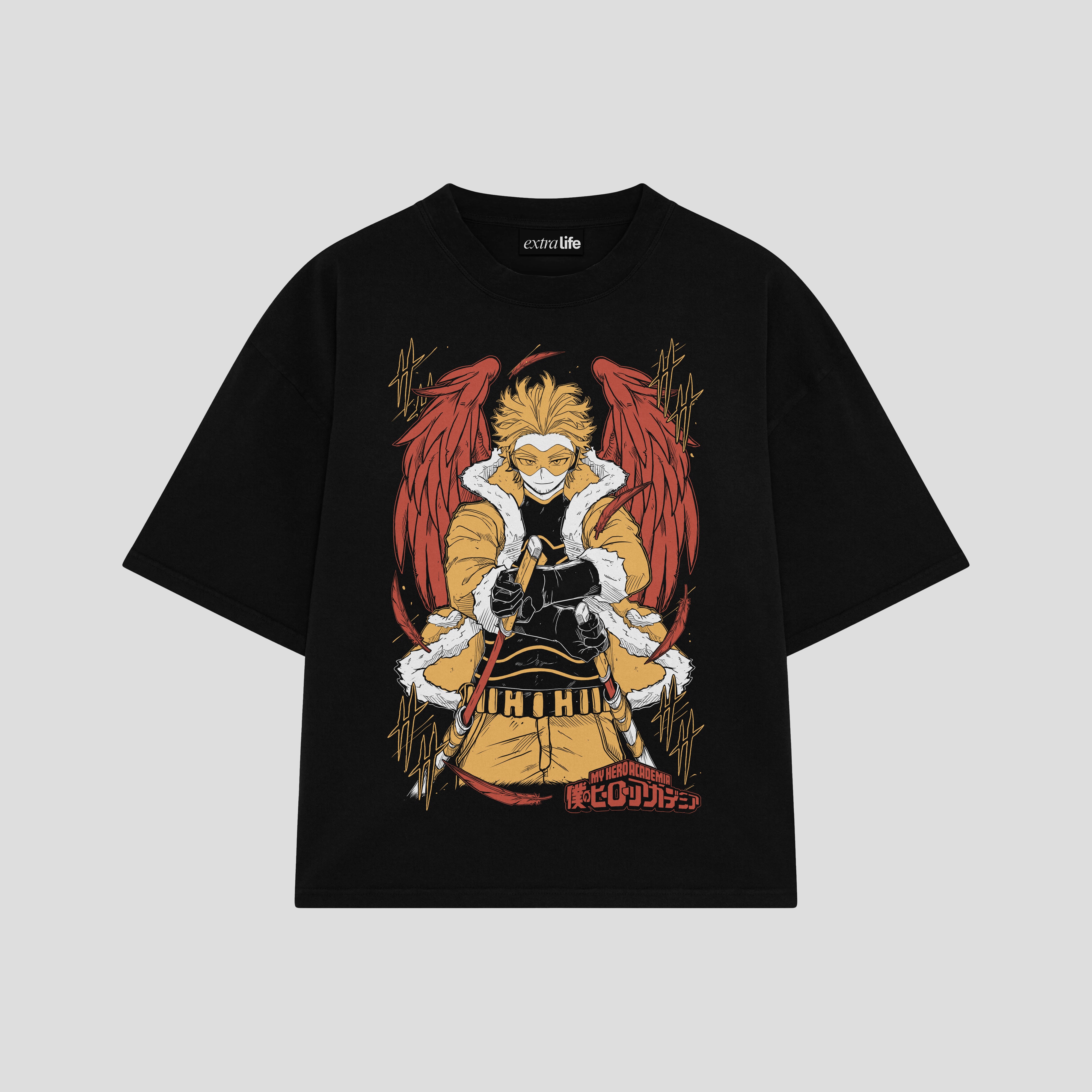 Playera streetwear premium de anime y gaming ExtraLife MX, corte boxy oversized drop shoulder heavyweight en color Deep Black y Off-White, moda urbana mexicana de culto.