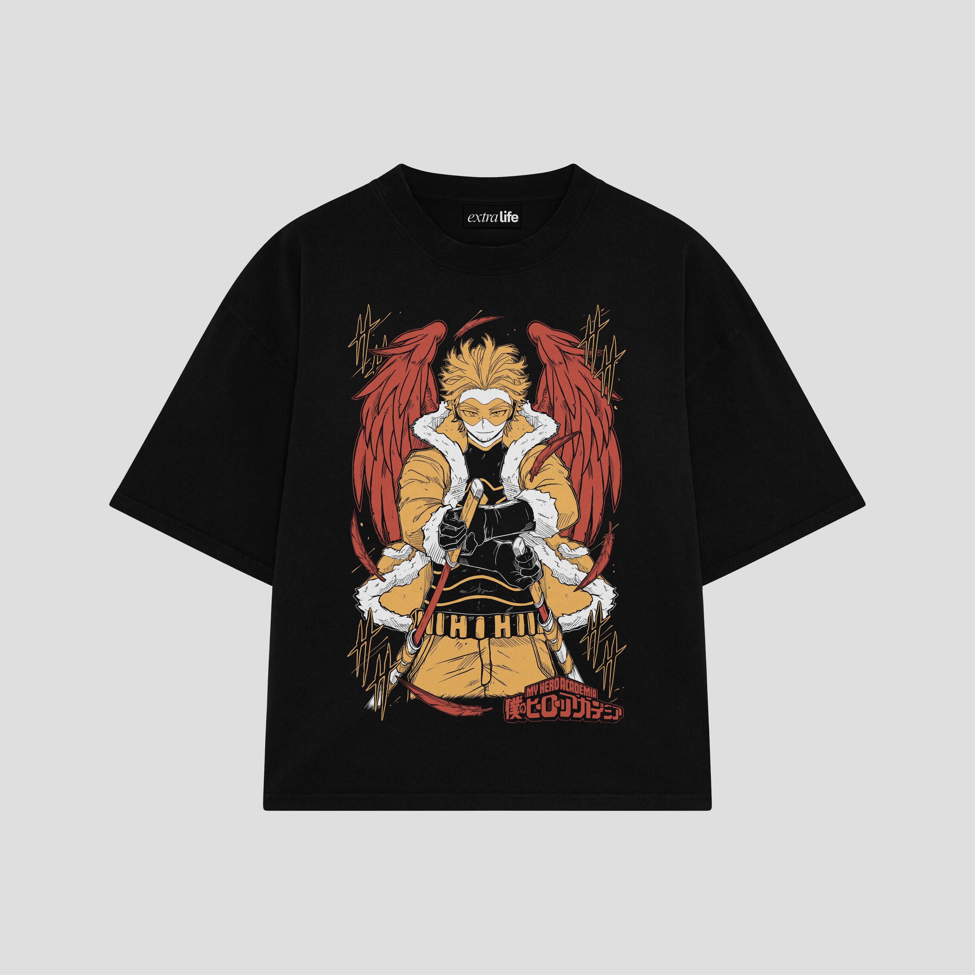Playera streetwear premium de anime y gaming ExtraLife MX, corte boxy oversized drop shoulder heavyweight en color Deep Black y Off-White, moda urbana mexicana de culto.