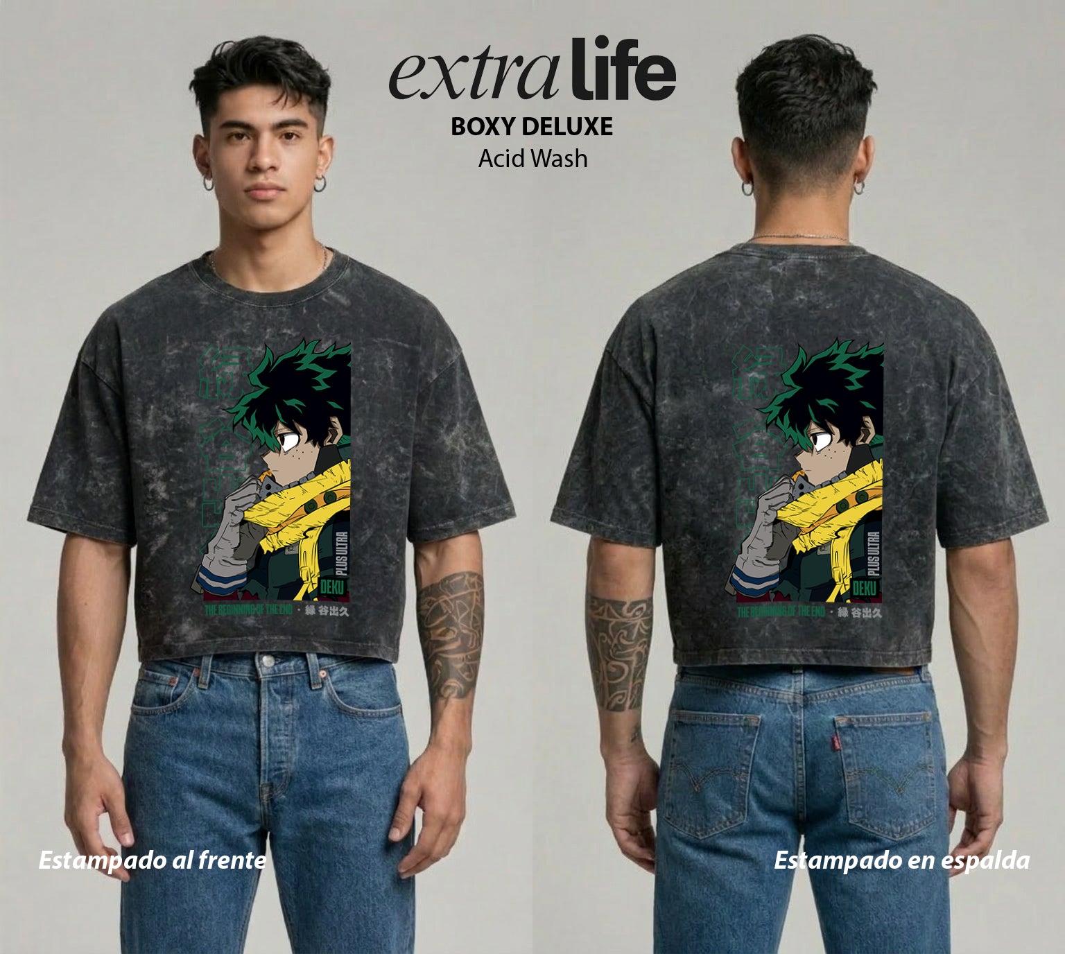Playera streetwear premium de anime y gaming ExtraLife MX, corte boxy deluxe mineral wash heavyweight en color Acid Wash, moda urbana mexicana de culto.