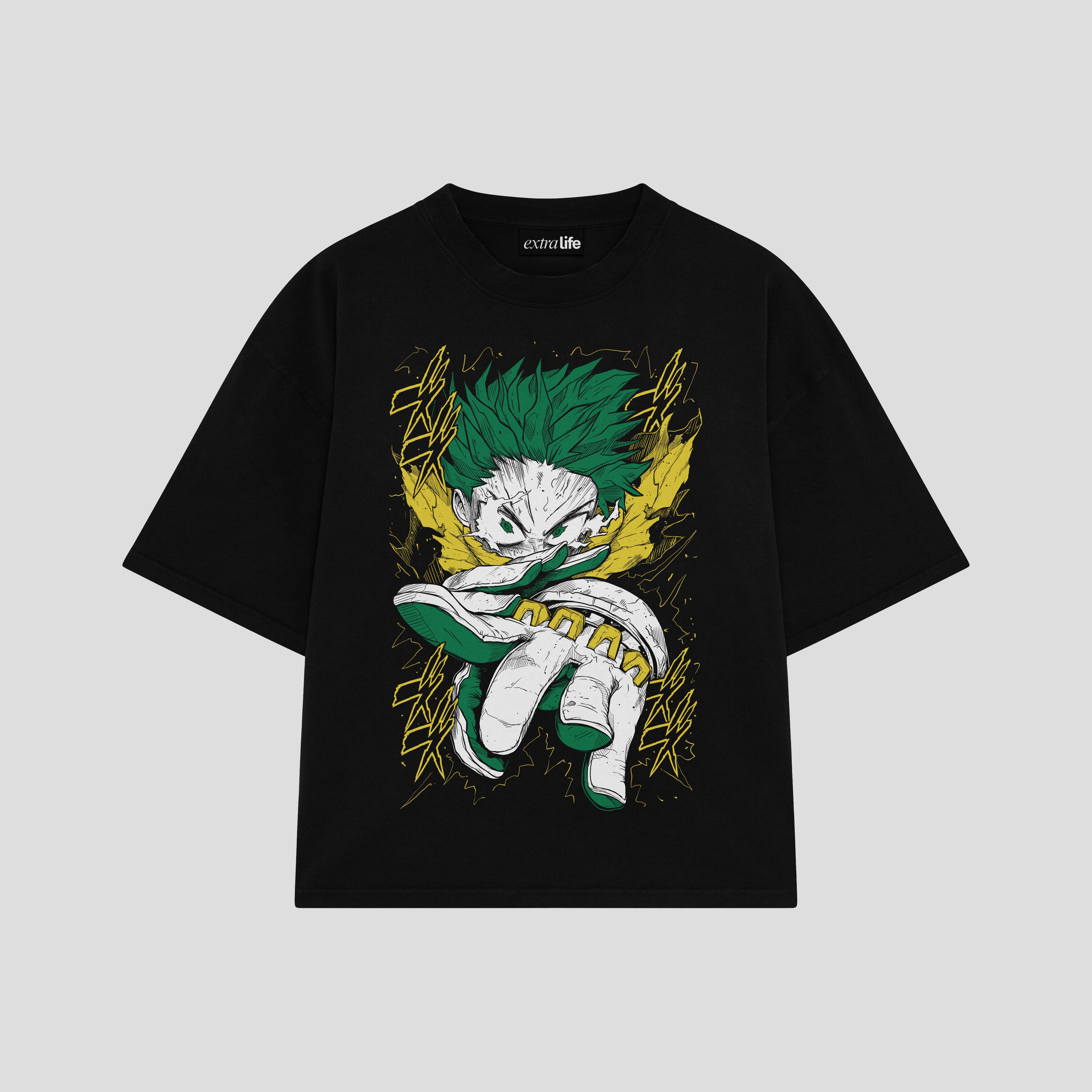 Playera streetwear premium de anime y gaming ExtraLife MX, corte boxy oversized drop shoulder heavyweight en color Deep Black y Off-White, moda urbana mexicana de culto.